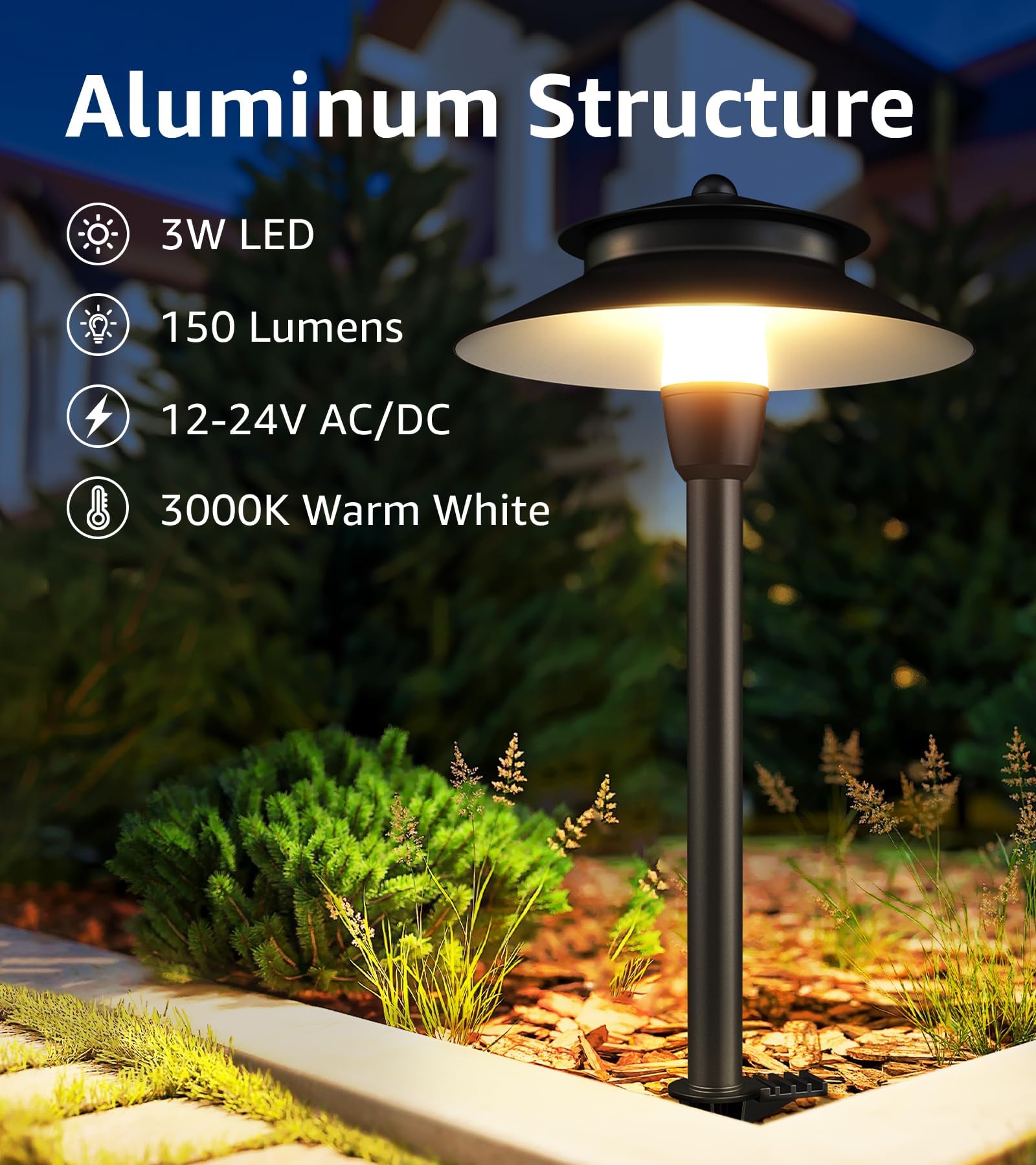 SUNVIE Low Voltage Pathway Lights 3000K LED, 7.1inx7.1inx21in, Black, Cast-aluminum, Model LSDWB0304C, 4 Pack