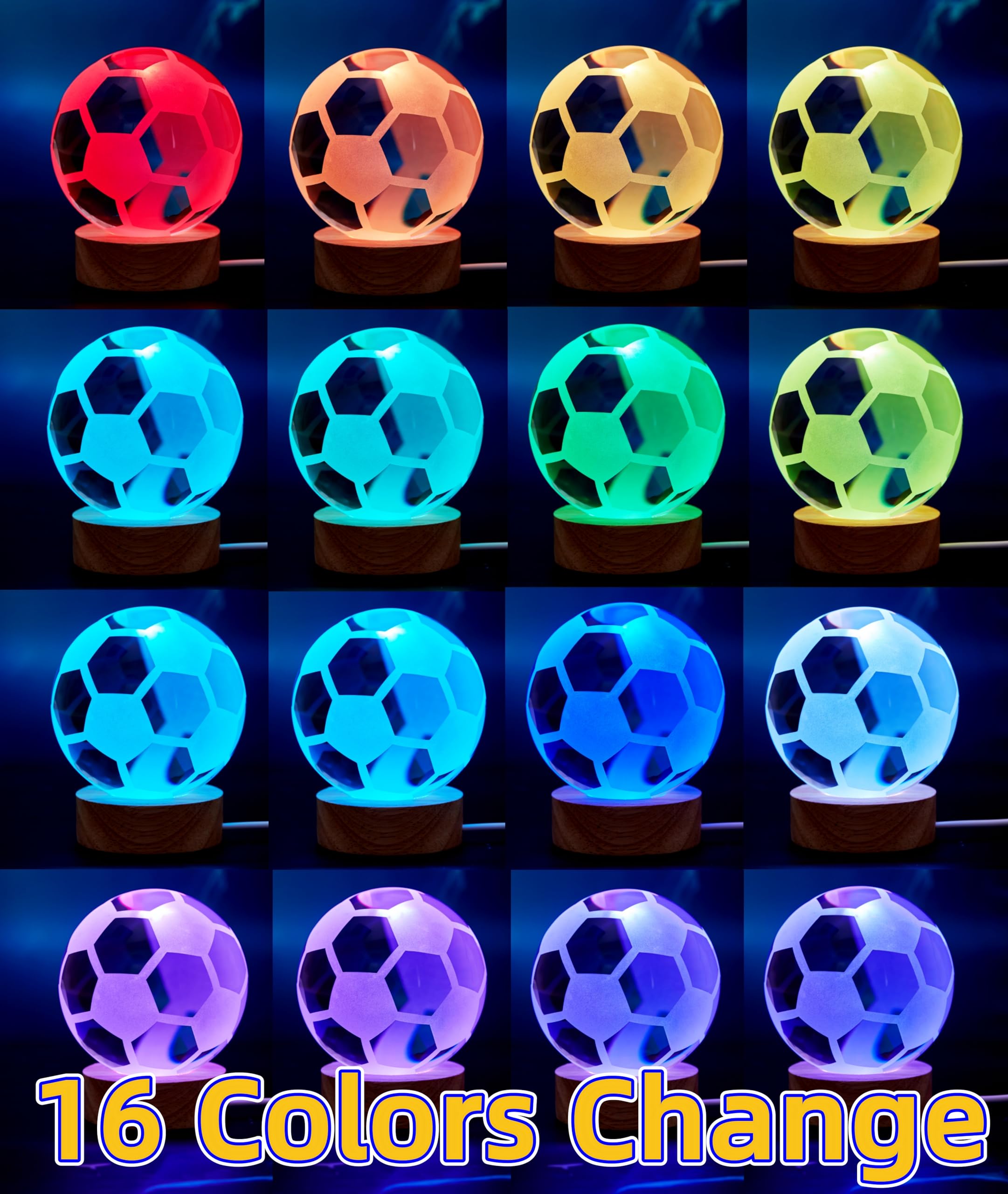 Crystal Ball Lamp, 3.15 Inch Soccer Night Light With 16 Colors Led, Wooden Base, Remote Control, Gift Box Packaging, Decor Footb