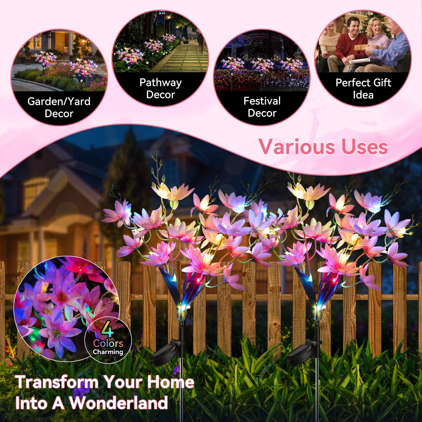 Neporal Solar Garden Lights, 5-Head Snow Lotus, Waterproof IP65, 4 Packs, Pink, PVC