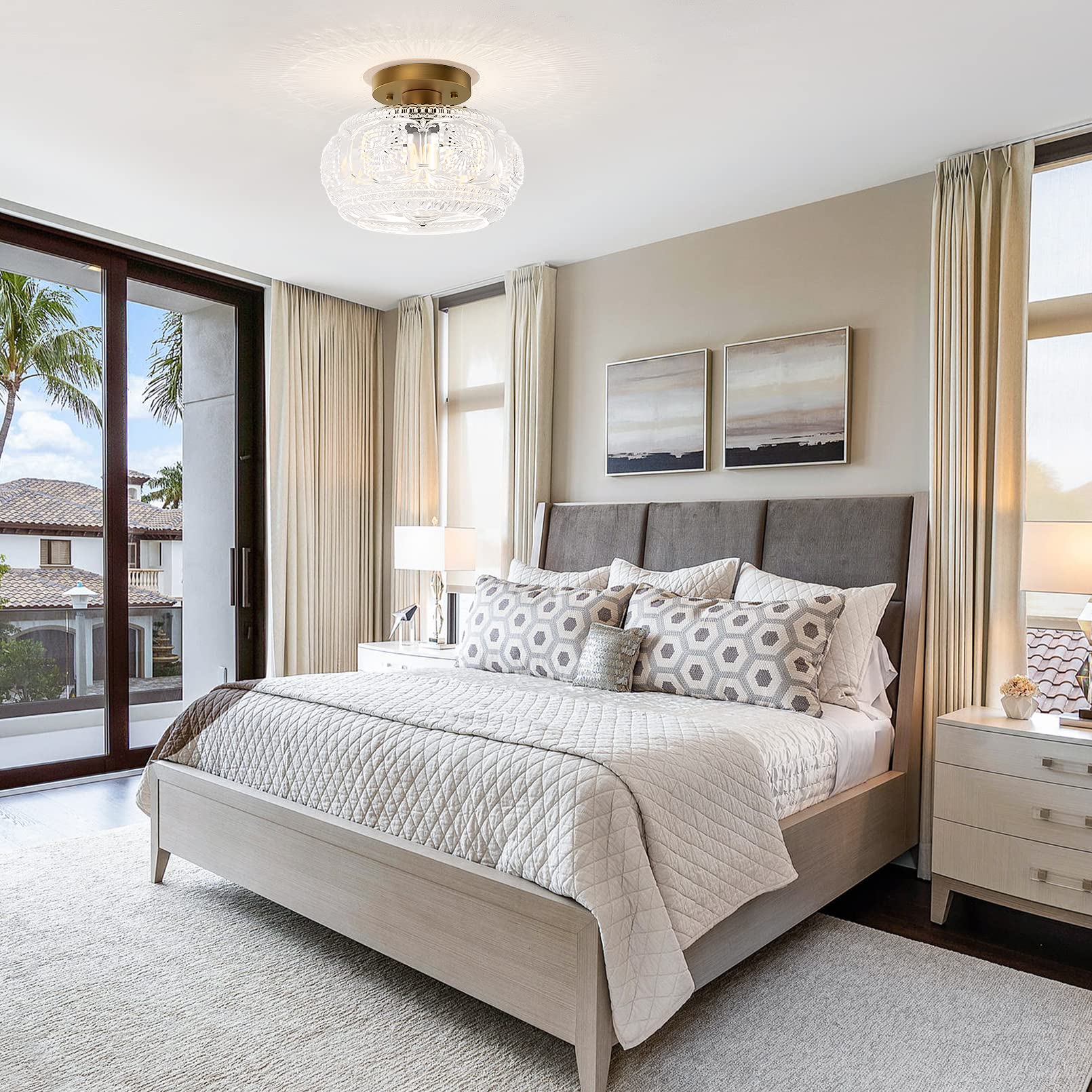 Oykyohei Semi Flush Mount Ceiling Light, Globe Glass Ceiling Light Fixture, Gold Modern Lighting For Hallway Porch Corridor Kitc