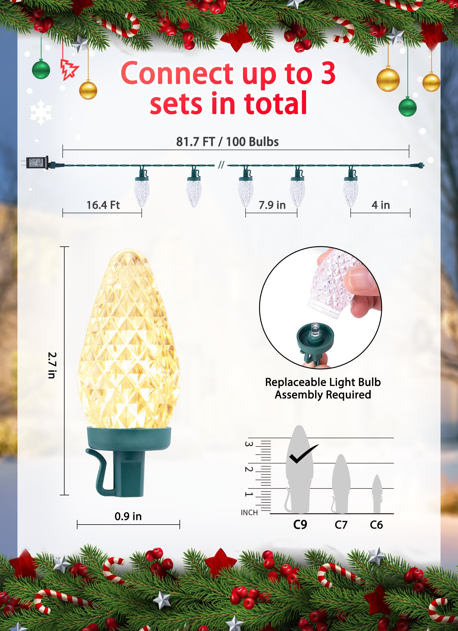 C9 Led Christmas Lights Outdoor, 81 Feet 100 Led String Lights With Timer & 8 Lighting Mode, Waterproof Commercial Grade Extenda