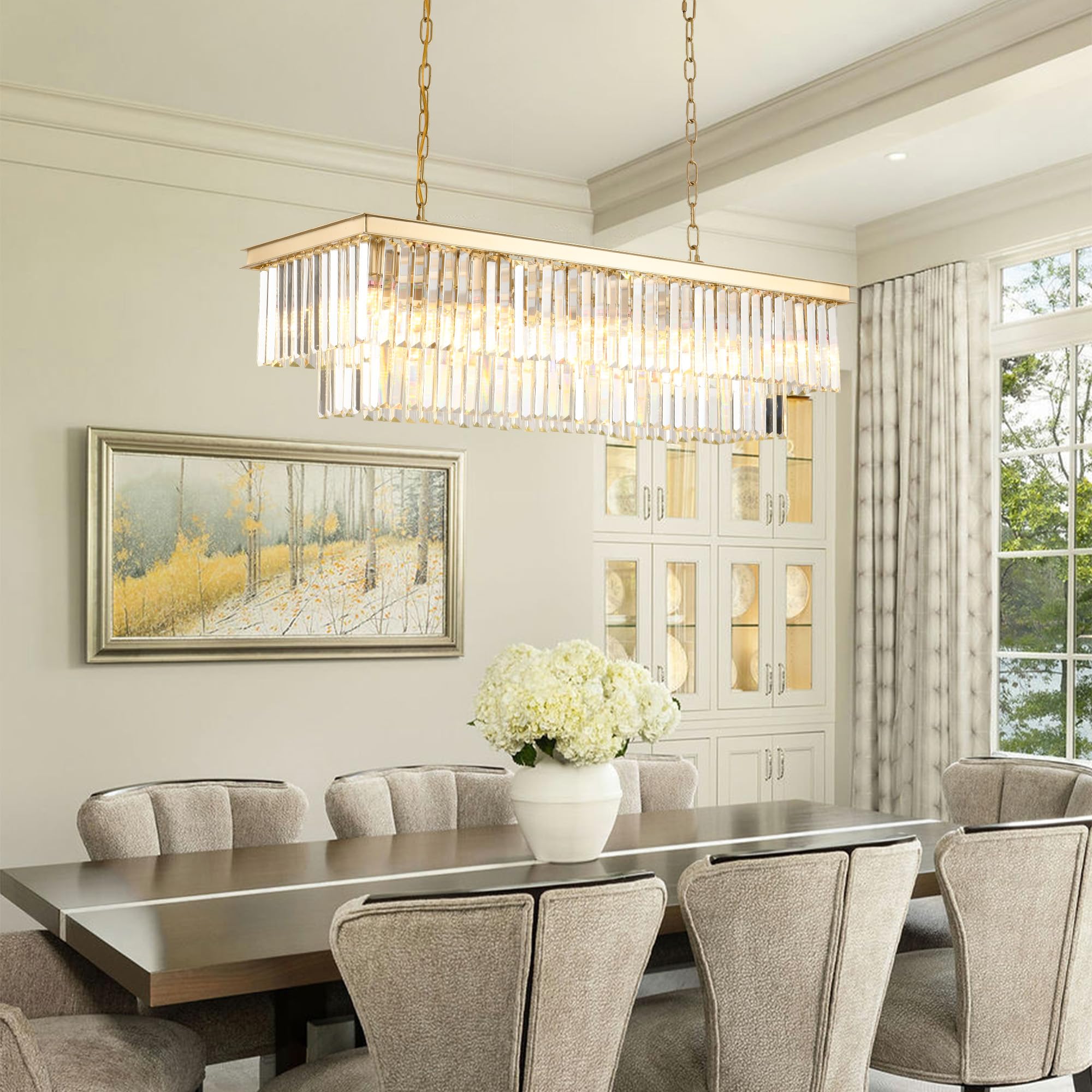 Gold Rectangular Chandelier 40 Inch-10-Light stylish Crystal Pendant Lighting For Dining Room  Kitchen Island & Bar-Adjustable Height  Flush Mount Ceiling Fixture enhanced Lighting Fixture(Gold  L-40)