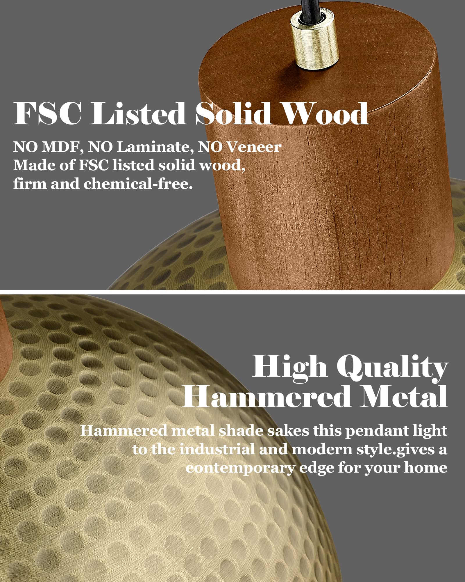 Elyona Vintage Pendant Light Fixtures, 12” Brushed Brass Hammered Metal & Rubber Wood Industrial Dome Hanging Lamp, Antique Gold Kitchen Pendant Light For Island, Farmhouse, Sink, Dining Room, Hallway