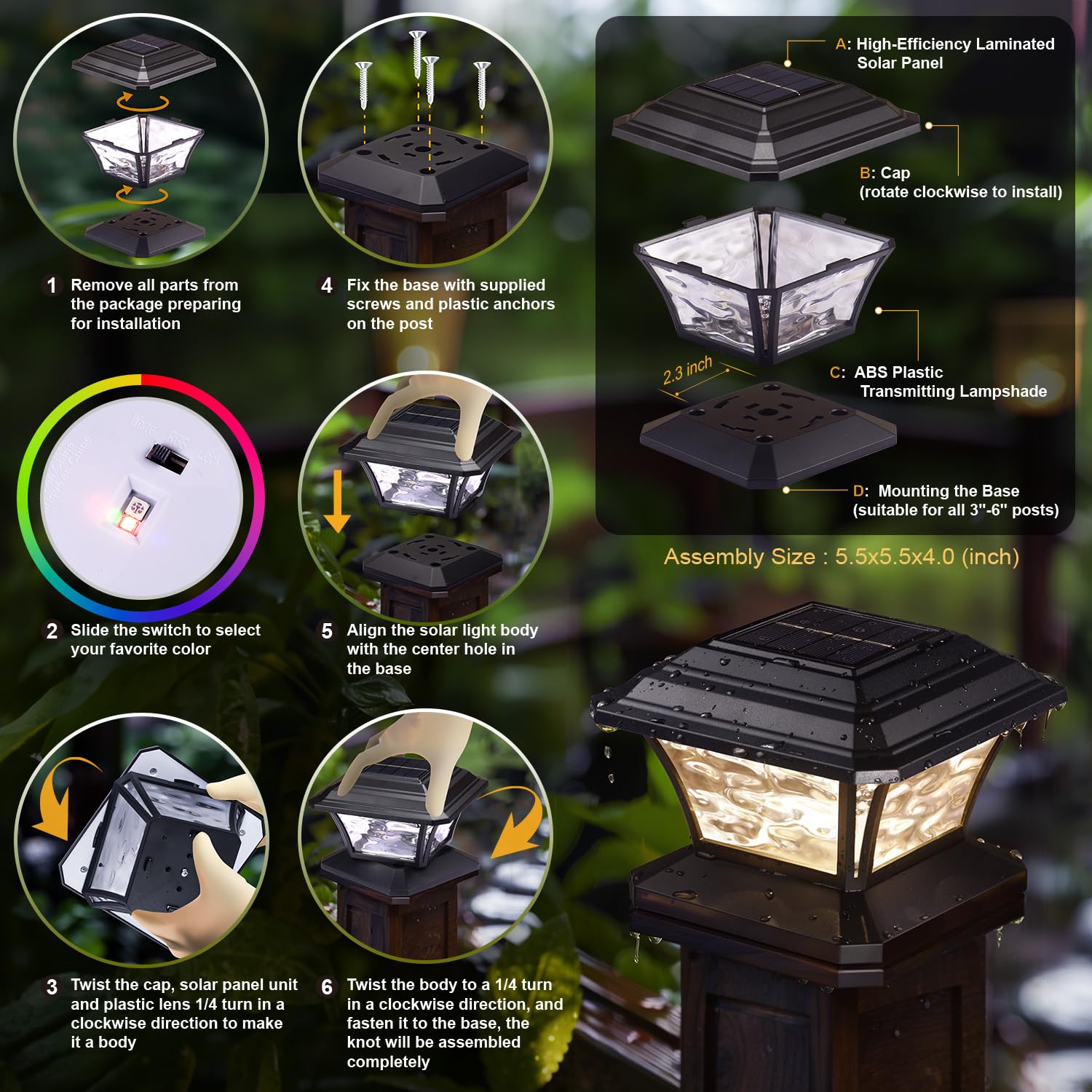 AEFRELEOHT Solar Post Cap Lights, Warm White & RGB Automatic Cycling & Fixed RGB Color, 9 Colors to Choose, 20 Lumens lP65 Water