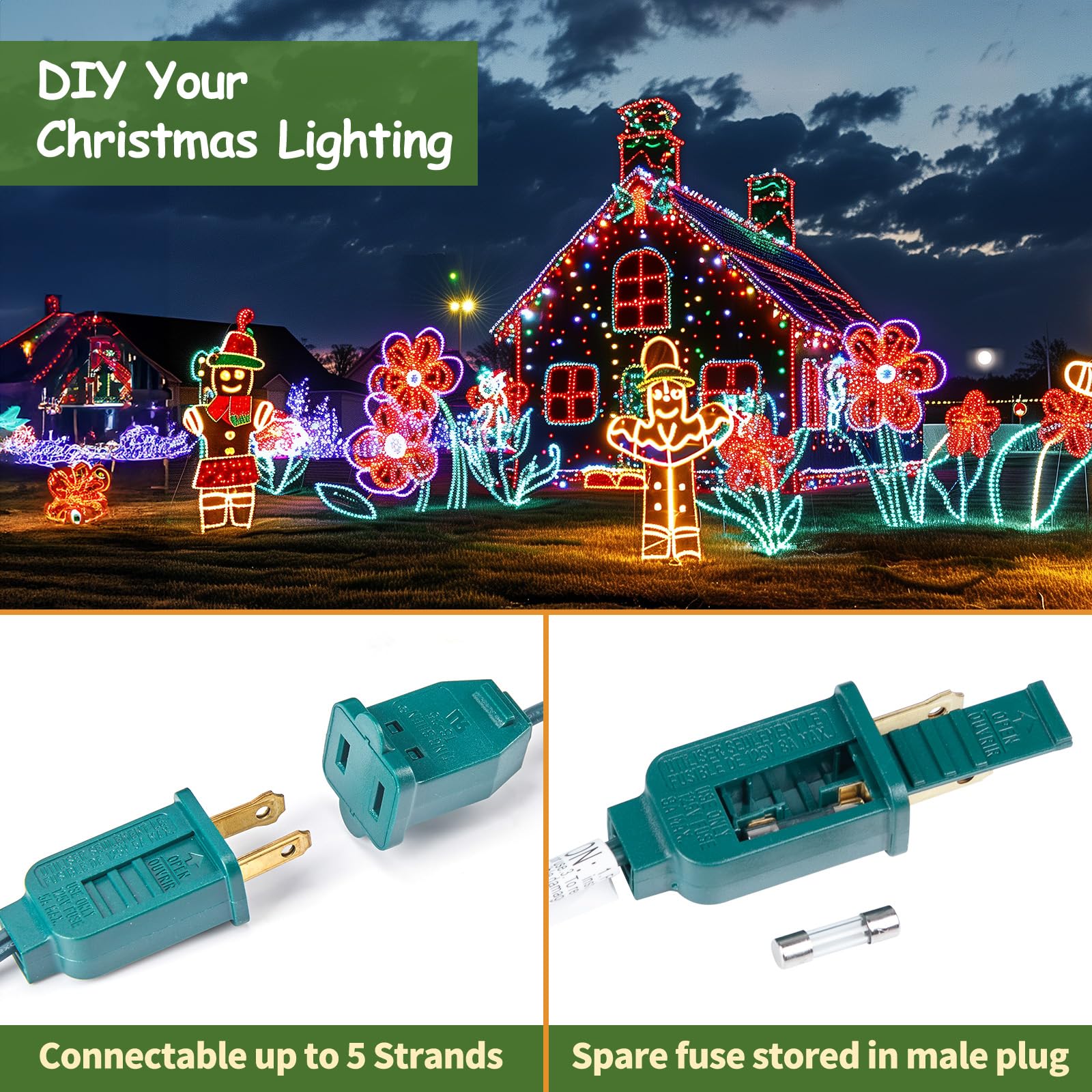 Minetom C9 Light Strand  100 Ft Christmas Stringer With 100 Sockets For Outdoor String Light  Connectable  Intermediate Base (C9/E17) - 12 Spacing  Green Wire  Note (Only Use For C9 Led Bulb)
