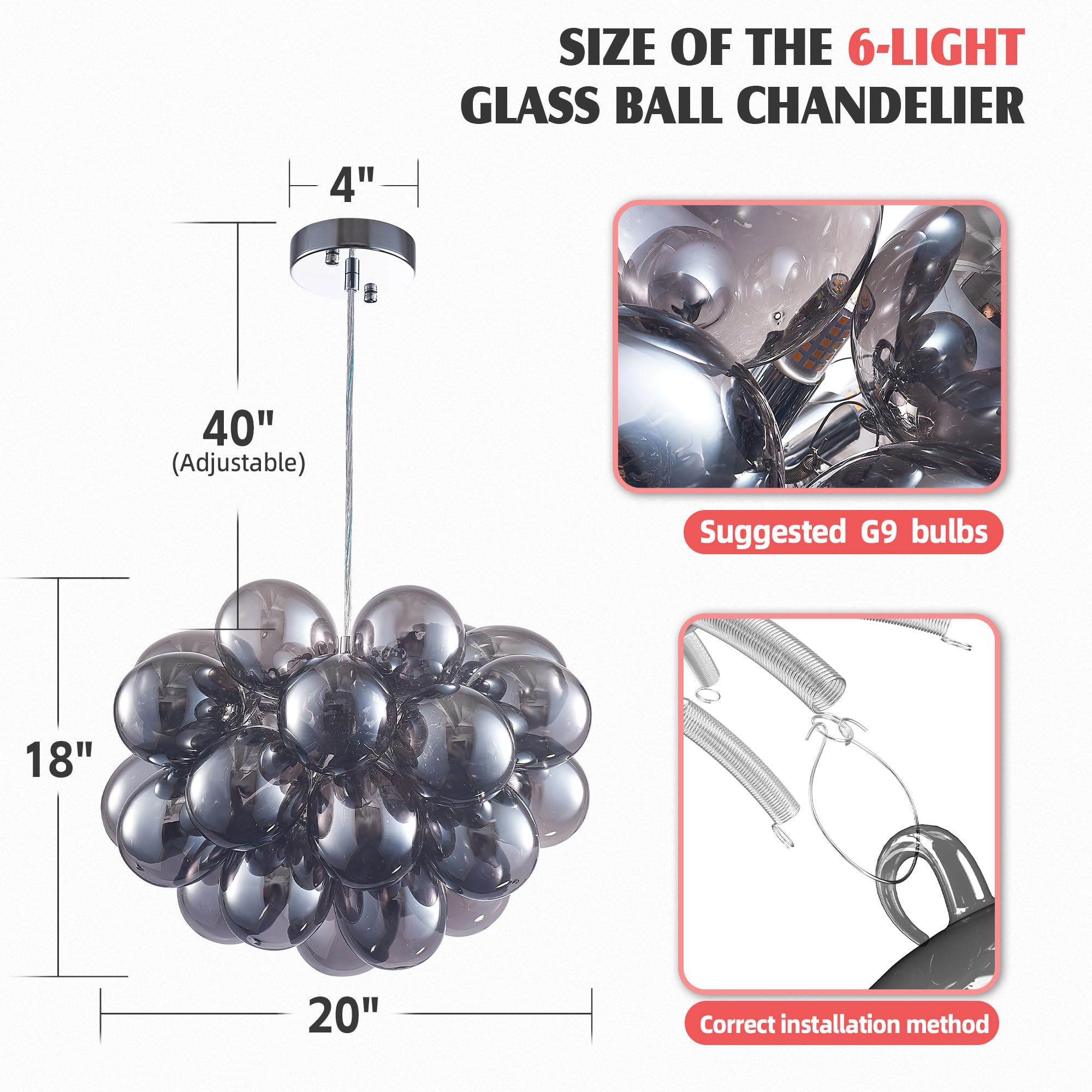 Longree Bubble Ball Chandelier, Dia 20 Inch Blown Black Glass Small Ballon Glass Pendant Light Fixture For Bedroom Study Bathroo