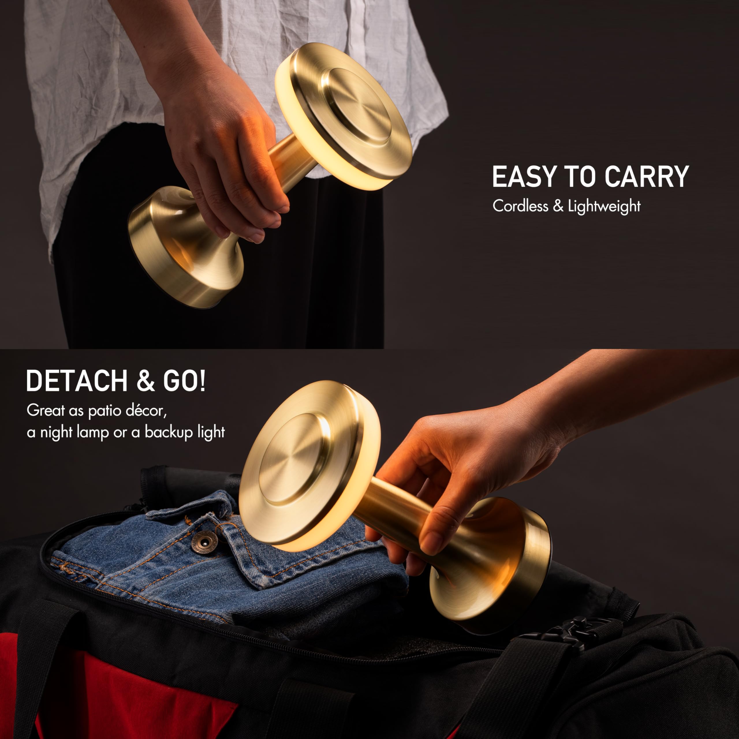 O'Bright Portable LED Table Lamp - Touch Sensor, 3 Levels Brightness, Rechargeable, Gold, Model OB-TL01B