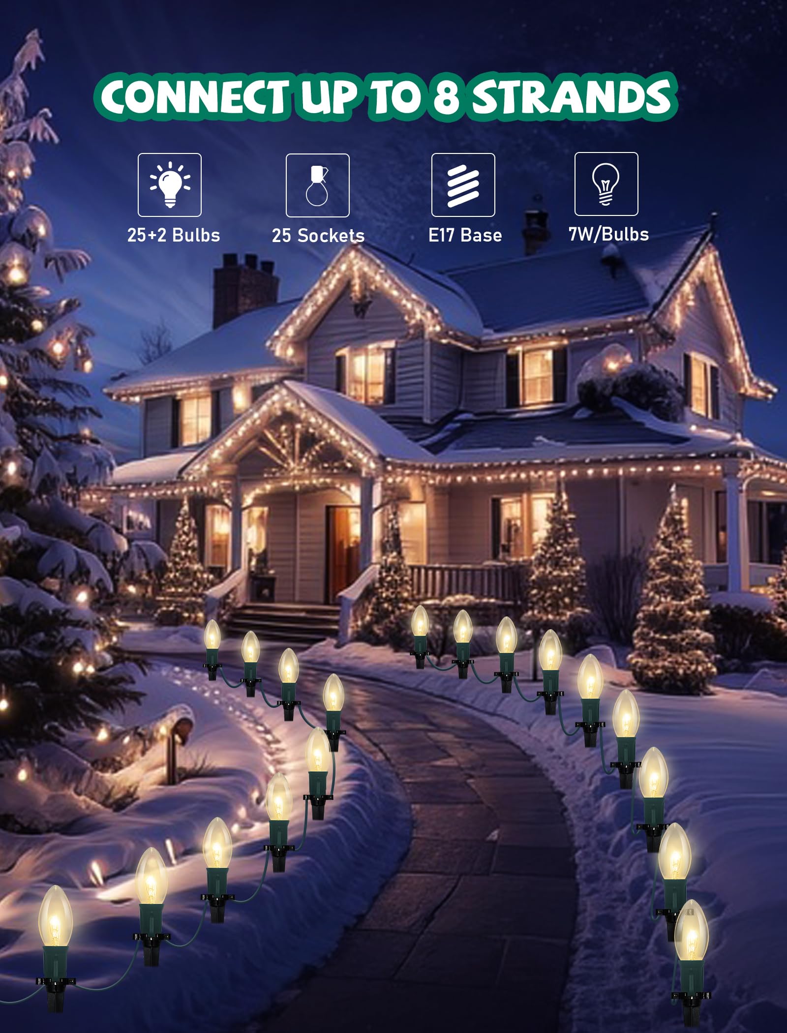 Christmas Pathway Lights Outdoor, 38Ft Outdoor Christmas Decorations With 25 C9 Warm White Christmas Pathway Stakes Lights, Conn