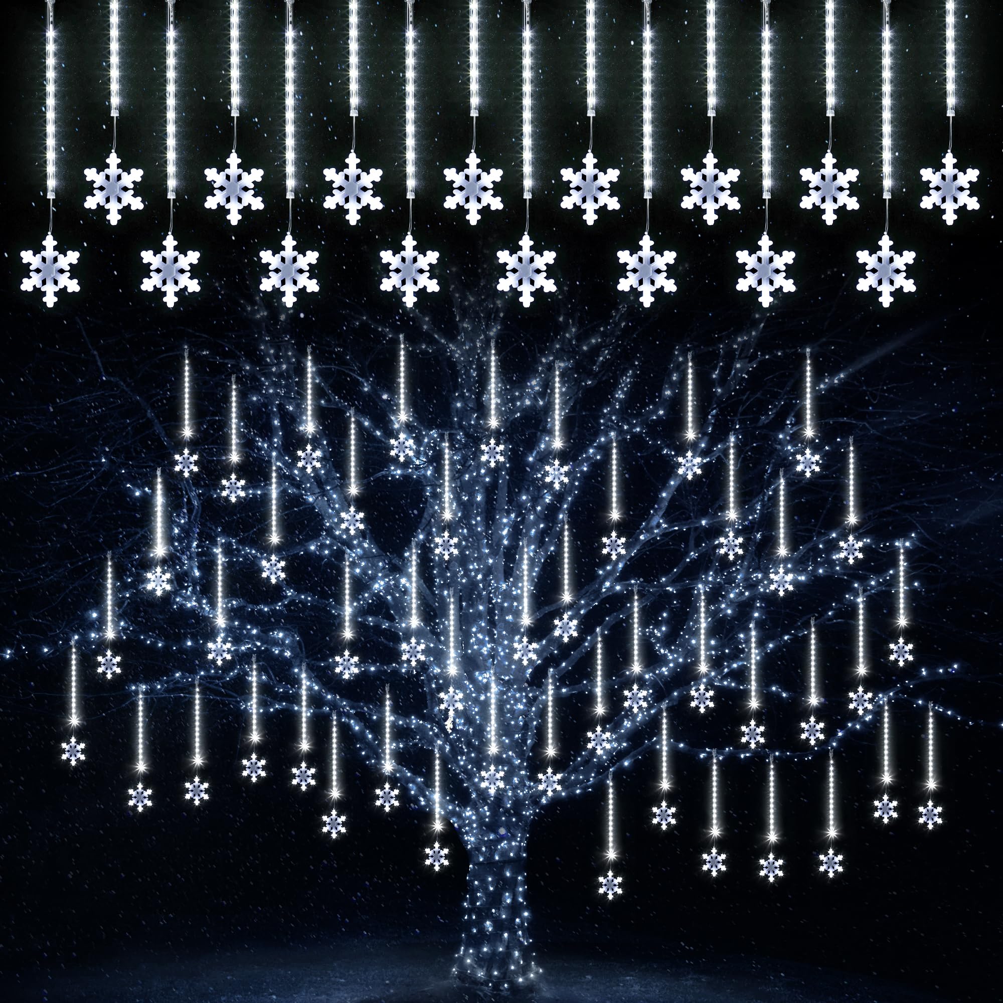 Enhon 2 Pack Meteor Shower Snowflake Lights Outdoor With Timer, Total 480 Led 12In 16 Tube Connectable Waterproof Meteor Rain Drop Christmas Light With Snowflake For Xmas Tree Roof Garden(Cool White)