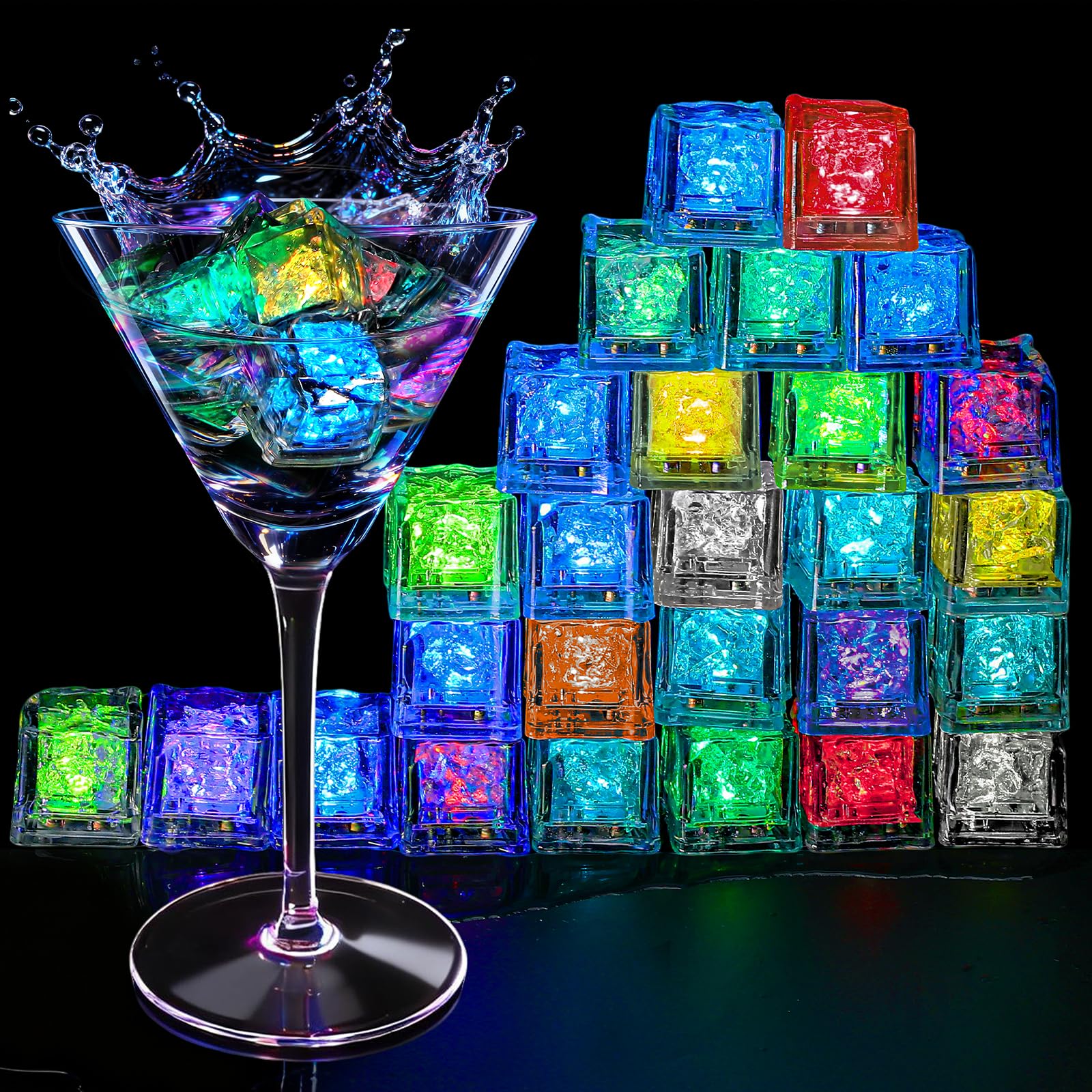 Light Up Ice Cubes  96 Pack Multi Color Led Ice Cubes for Drinks IP67 Waterproof Reusable Glowing Flashing Changing Lights Water Activated Drink Lights for Blends Christmas Party Bar Wedding