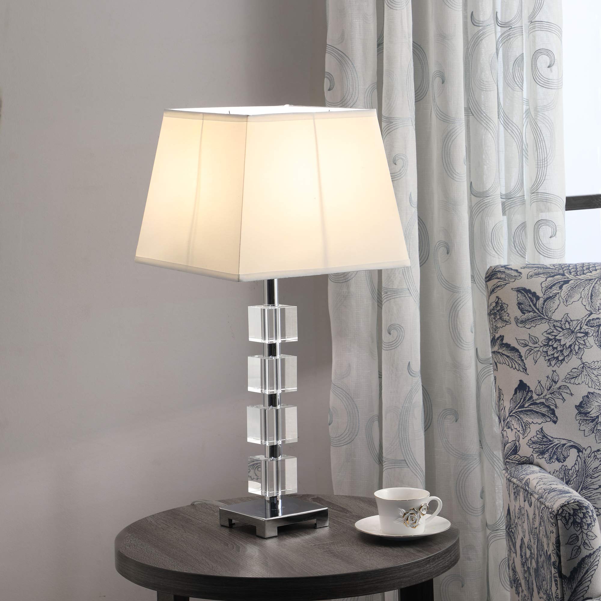 ORE International Glass Table Lamp 25in with White Linen Shade, Silver - Model HBL2119