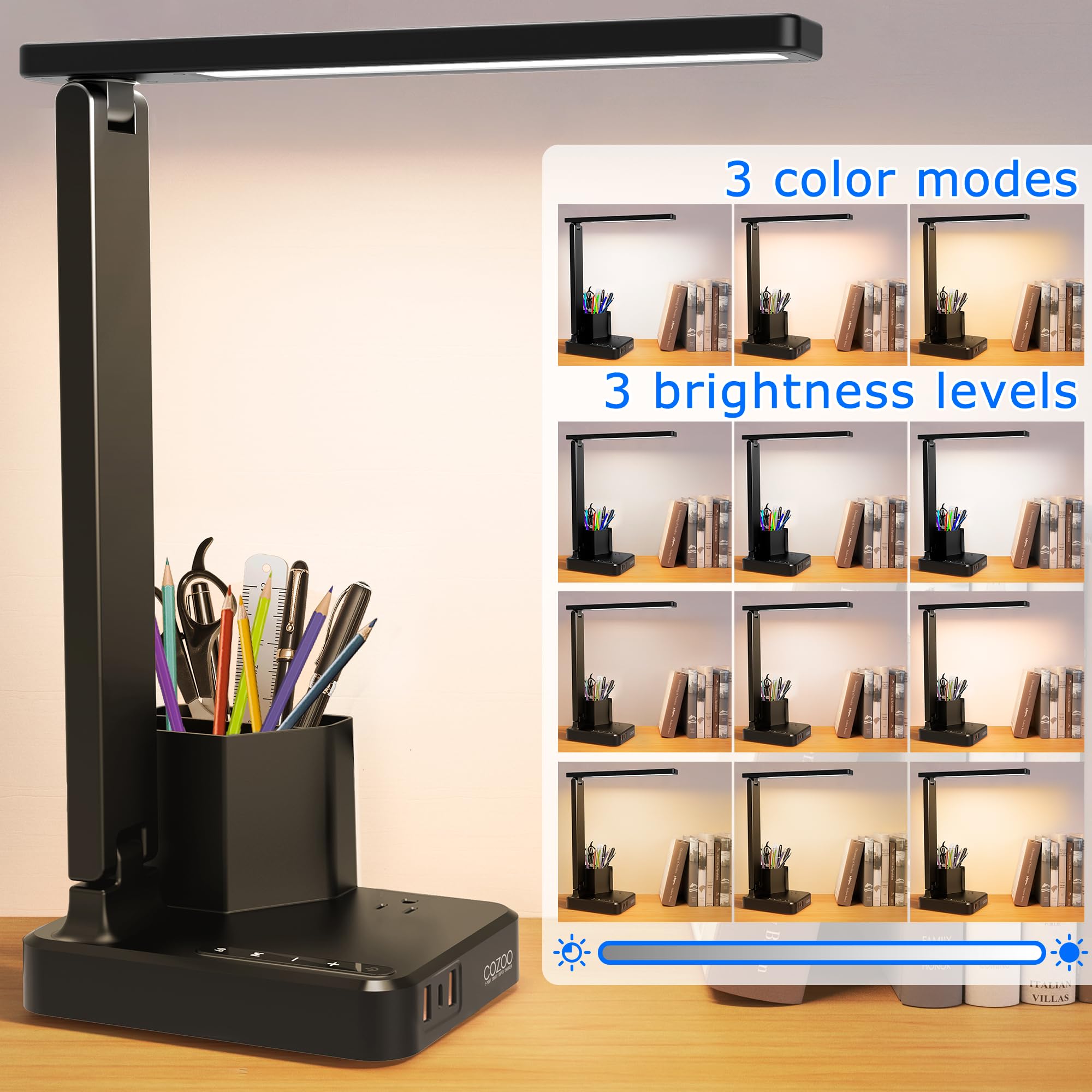 Cozoo Led Desk Lamp With Usb Ports, Ac Outlet, Touch Control, 3 Brightness Levels, Eye Protection