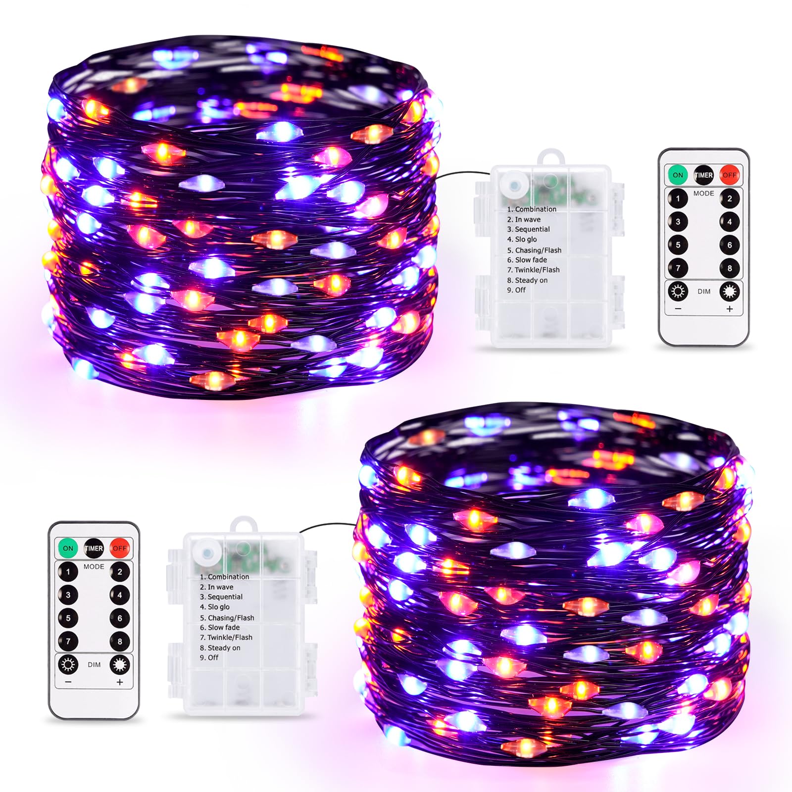 JMEXSUSS Halloween Fairy Lights, 200 LED 66ft, Battery Operated, 8 Modes, 2 Pack, Orange & Purple, Model a4612e84-463d-