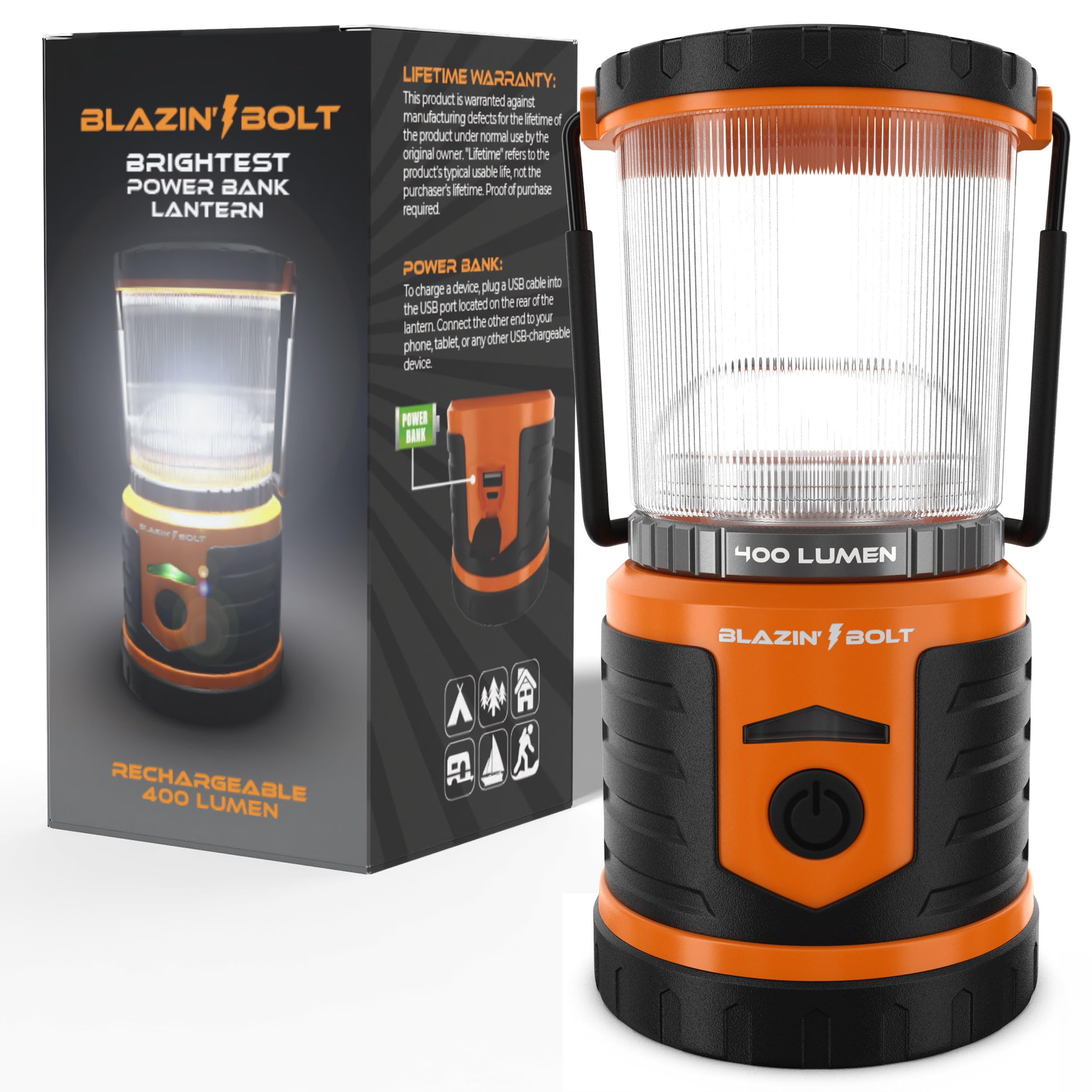 Blazin Bolt Rugged USB Rechargeable Lantern 400 Lumen 6000mAh Power Bank Orange Model BB-BOLT400-ORANGE