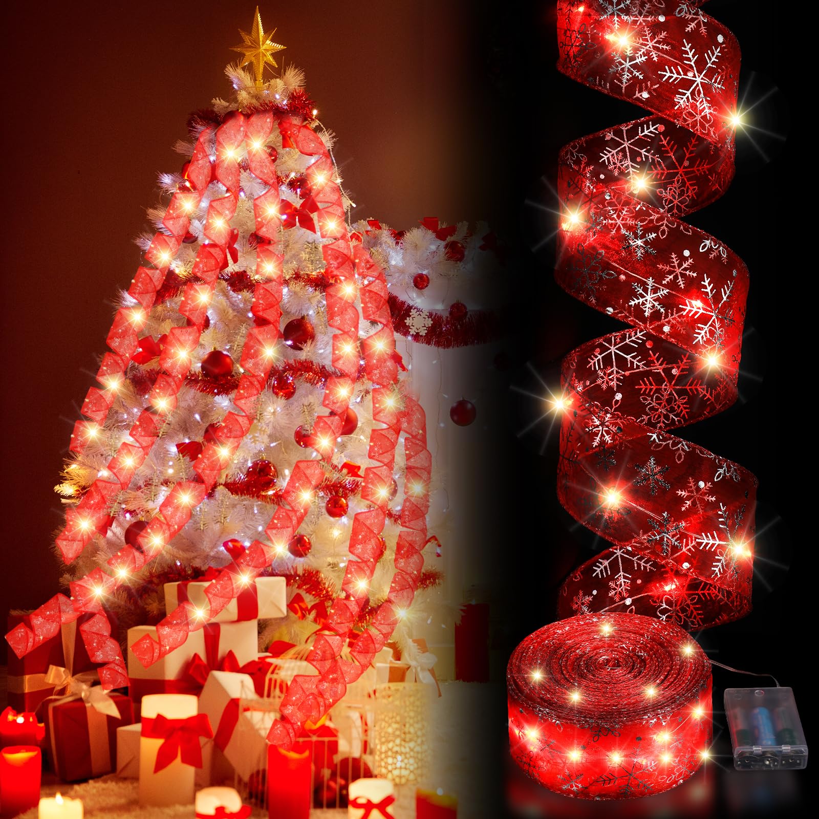 Christmas Ribbon Lights Christmas Lights 16.4 ft Glow Christmas Tree Ribbon Battery Operated Indoor String Lights for Outdoor Xmas Holiday Party Wedding Garland Lighted Decoration (Red)