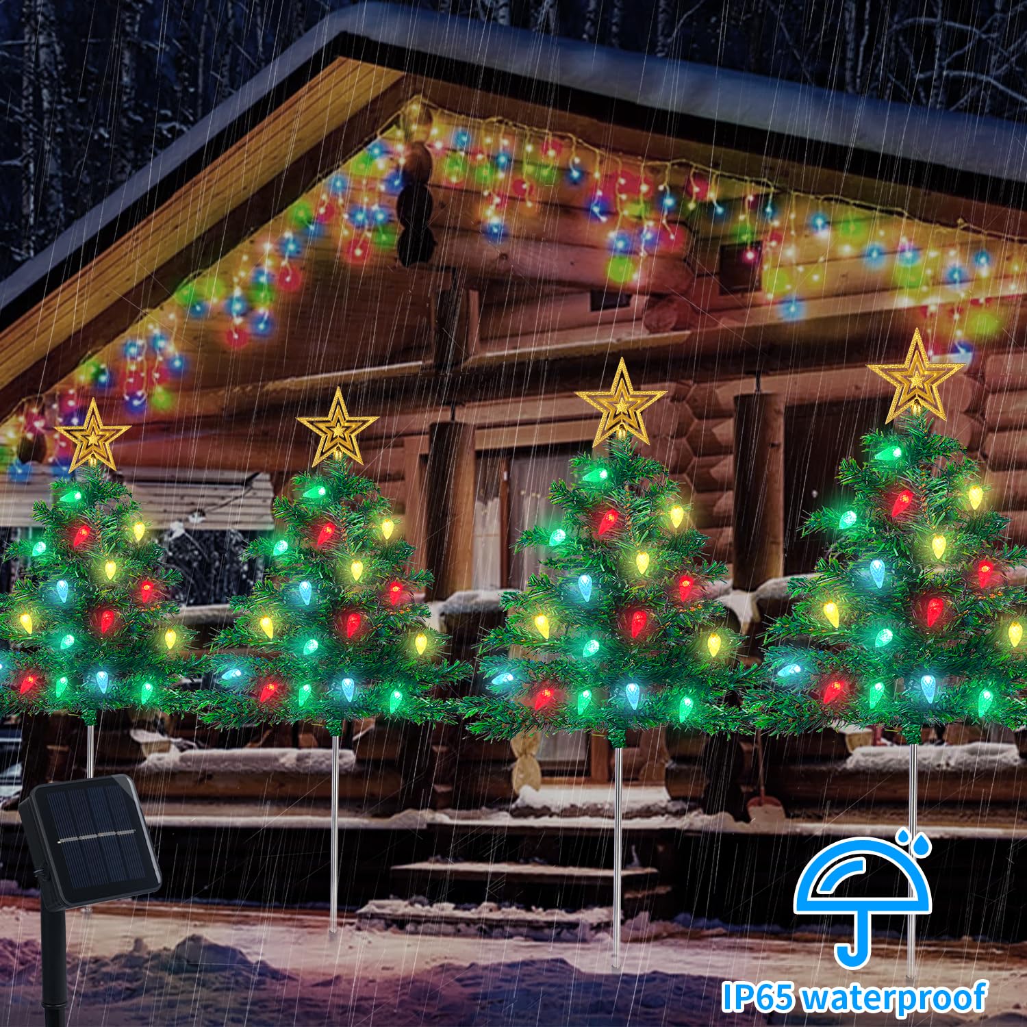 Christmas Decorations Outdoor 4 Sets Solar Christmas Tree With 80Pcs Multi-Color Led Lights And Star Topper 8 Lighting Modes Wat