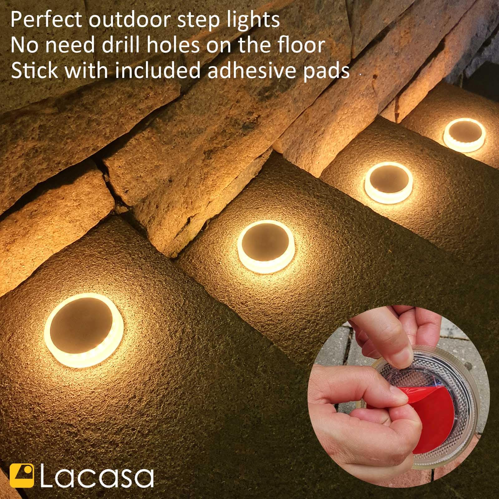 Lacasa Solar Deck Lights 4-Pack Waterproof LED, Round, Warm White, Model LJT-C8-4WW