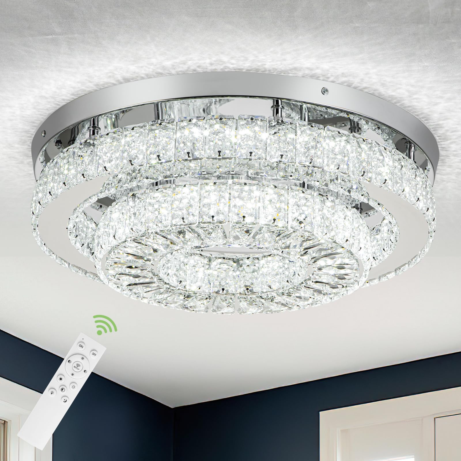 HOPGGIE Crystal Chandelier LED Light Fixture 18 Inch Dimmable 2 Tier Flush Mount for Living Room Bedroom Dining Room