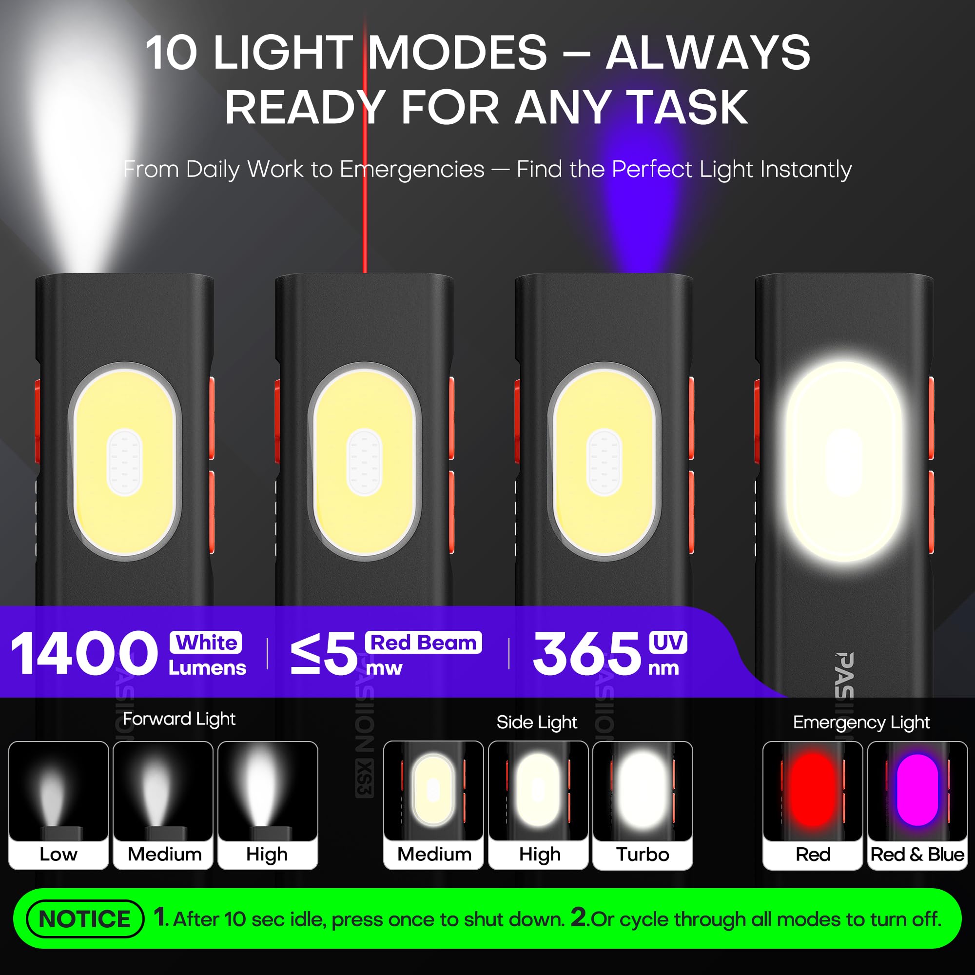 PASIION UV Rechargeable EDC Flashlight, 1400 Lumens, Black, Aluminum, Model ESEN389, Magnetic Base, USB-C Charging, Multi-Color Lights