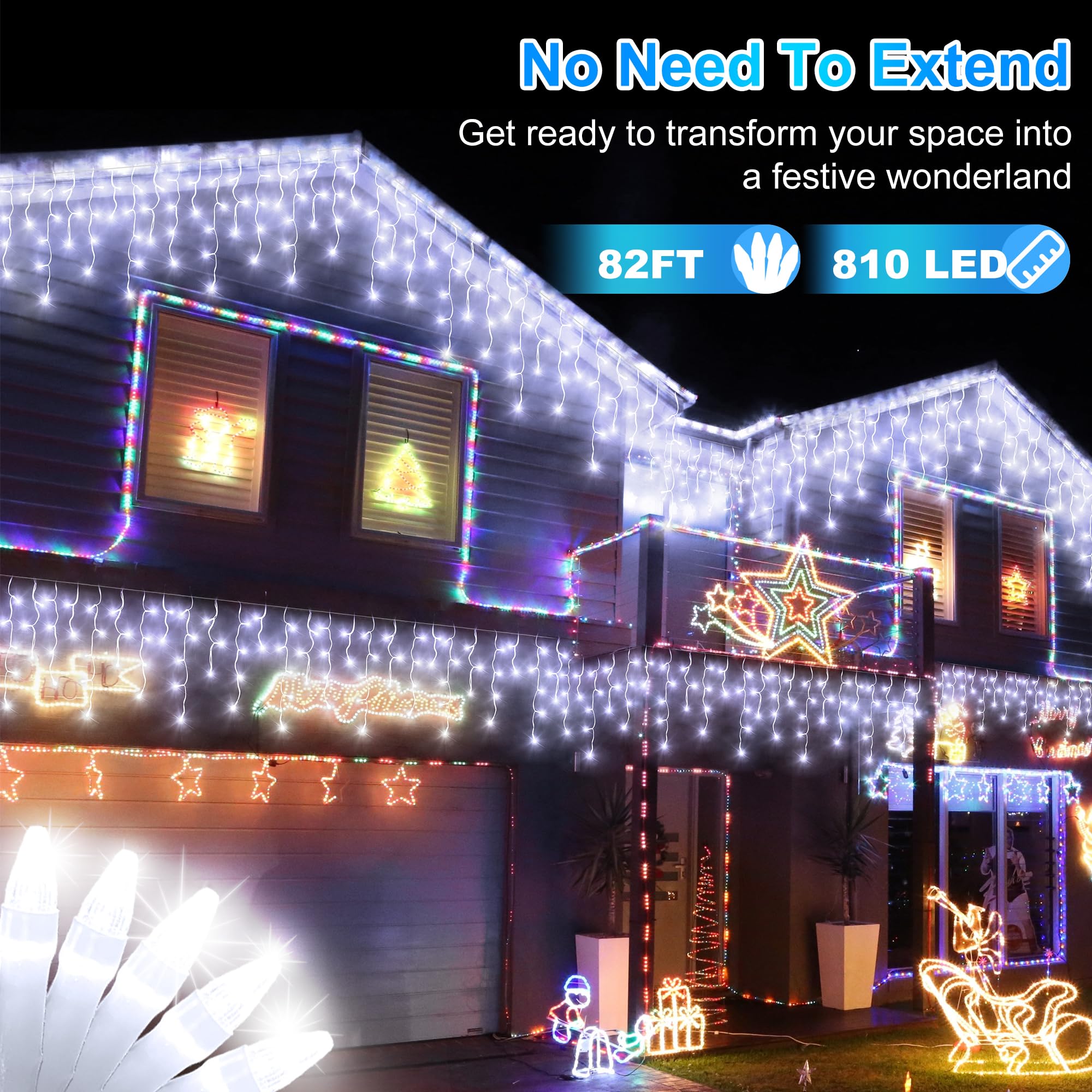 QUHUATU 810LED Christmas Lights, 82ft, 180 Drops, Cool White, 12 Modes, Waterproof String Lights for Indoor/Outdoor Decoration