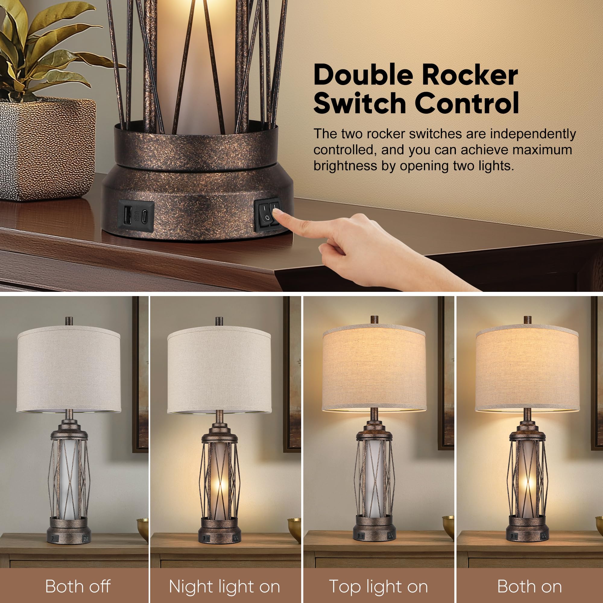 QiMH Rustic Farmhouse Table Lamp with USB Charging Ports, Frosted Glass, Bronze - Model STR-DL-SW04, 4 Bulbs Included
