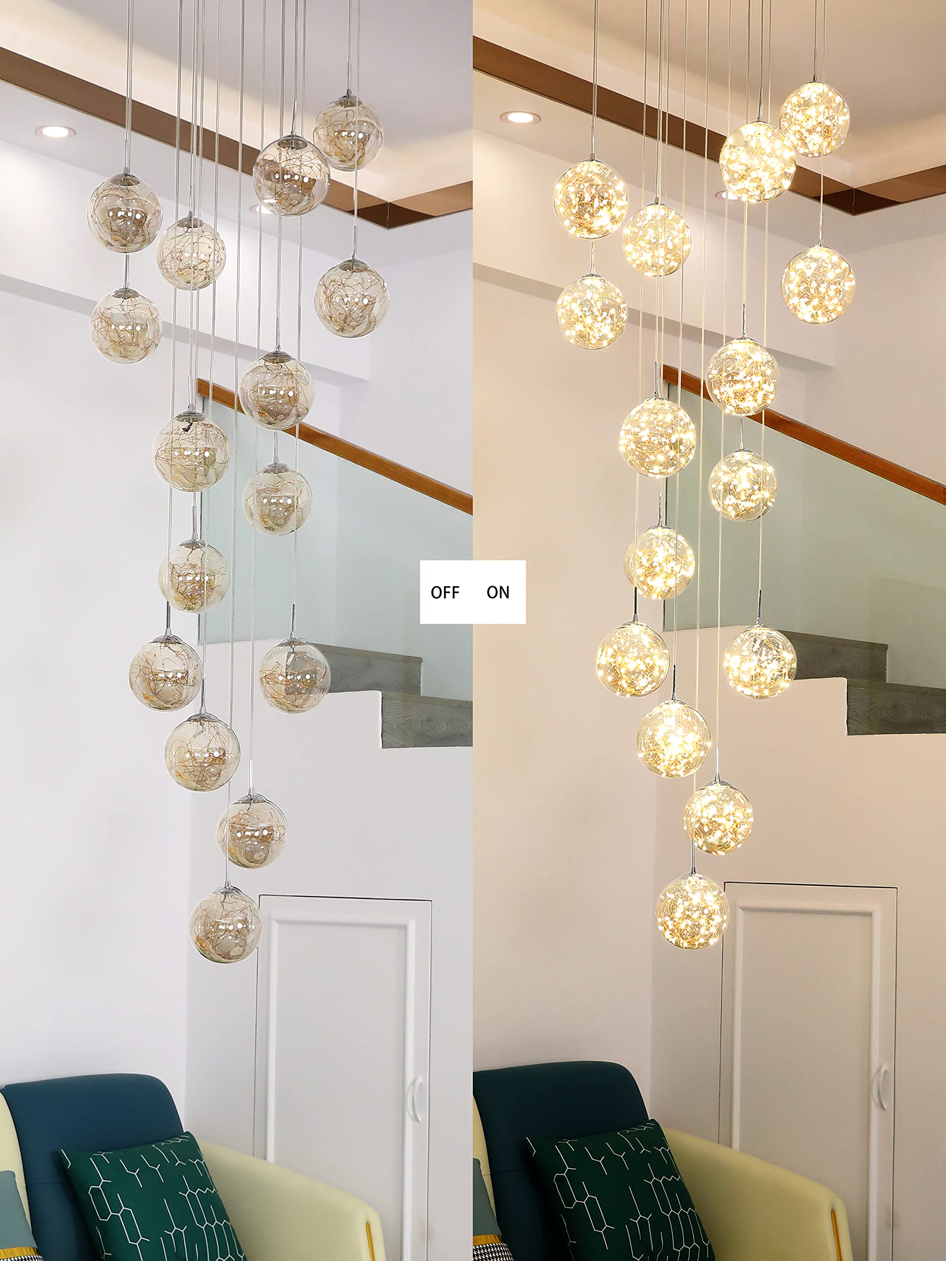 KAUCQI 15-Light LED Chandelier, Stainless Steel, Adjustable 23inW x 100inH, Yellow, Model SANQ-6, Modern Lighting for High Ceilings