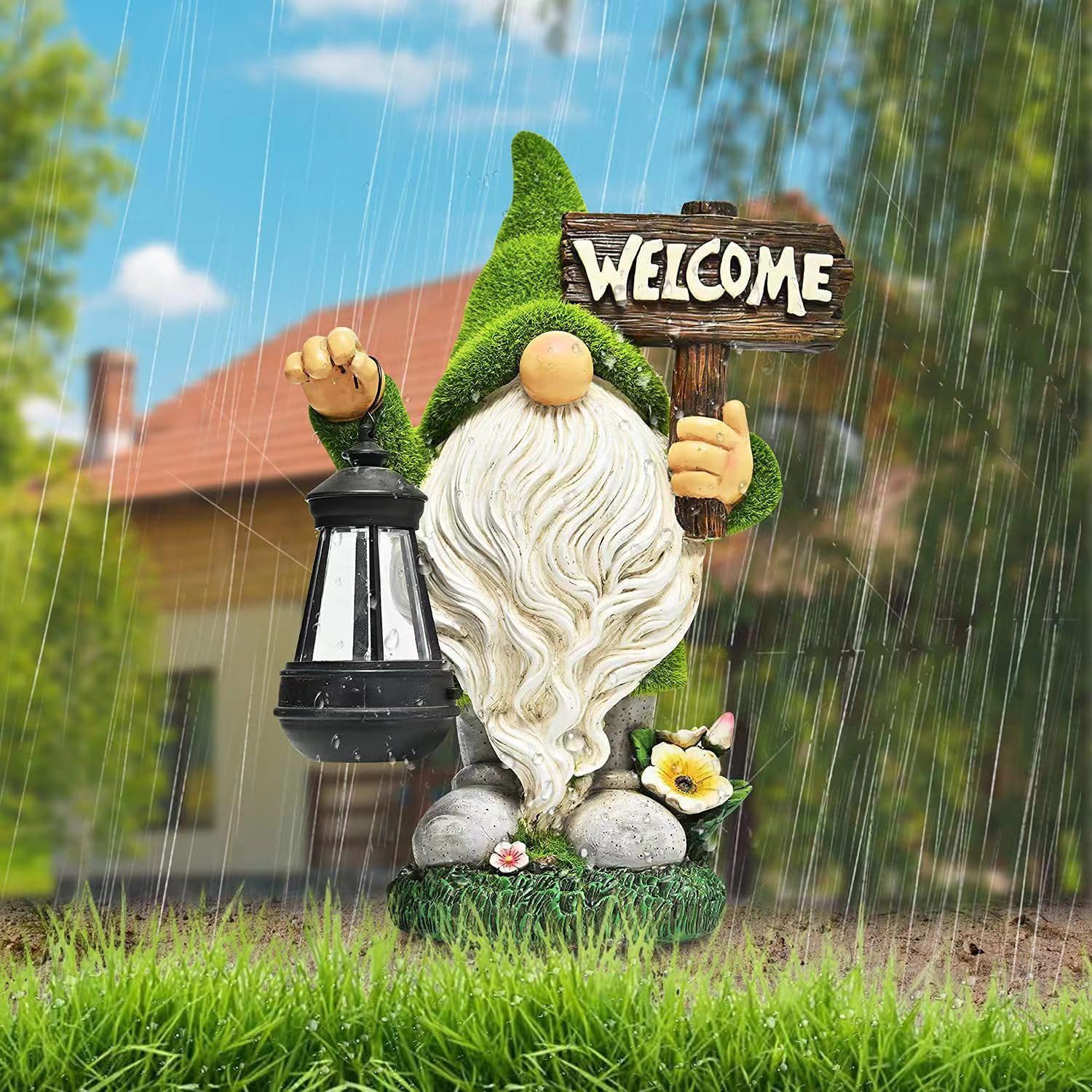 Meagkka Garden Gnome Statue Outdoor Decor Large Flocked Resin Gnome Figurine With Solar Light Holding Lantern Welcome Sign Garde