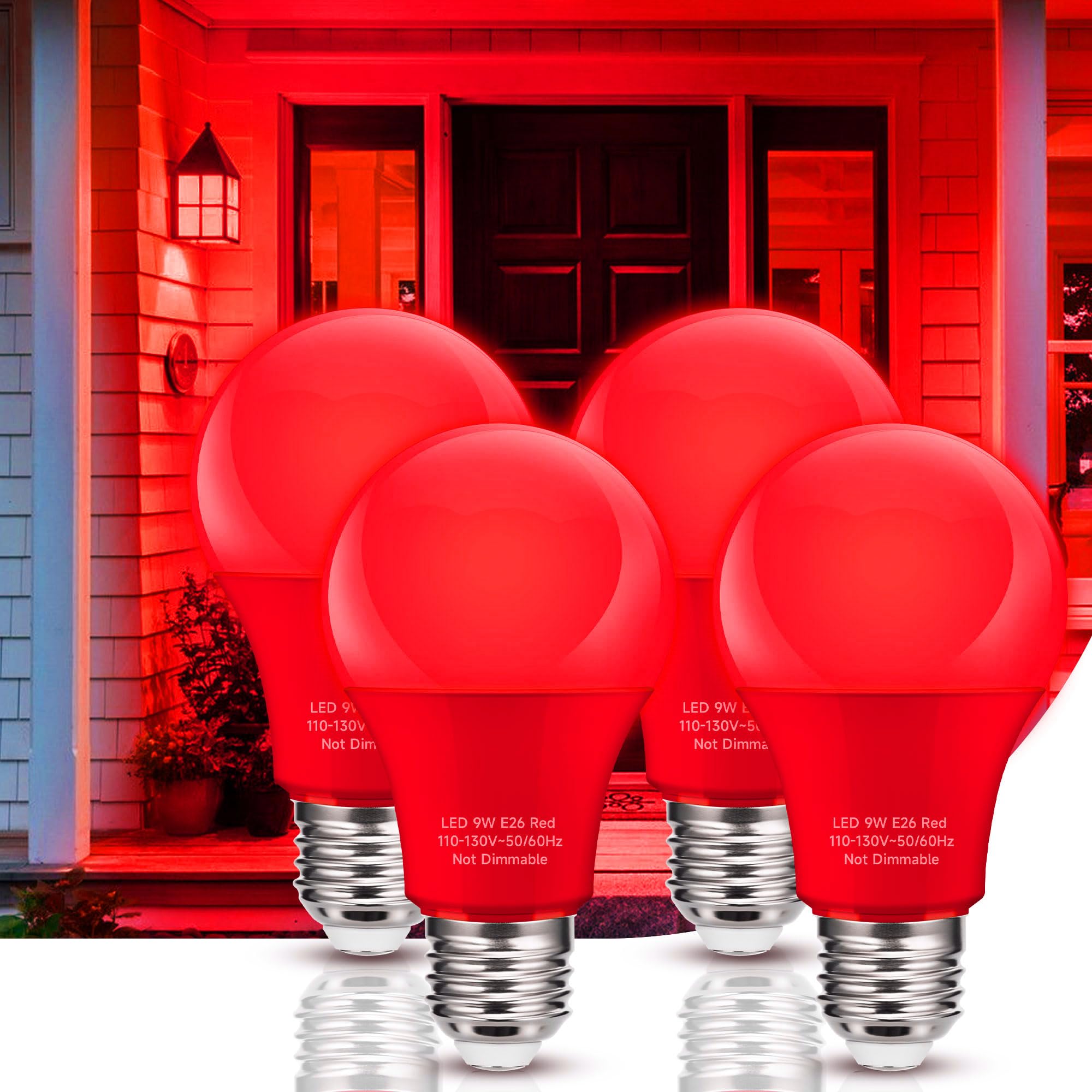 Nouscan Red LED Light Bulbs, 9W Equivalent, E26 Medium Base A19, Non-Dim, 4 Pack, Plastic-coated Aluminum, Ideal for Holiday Lighting