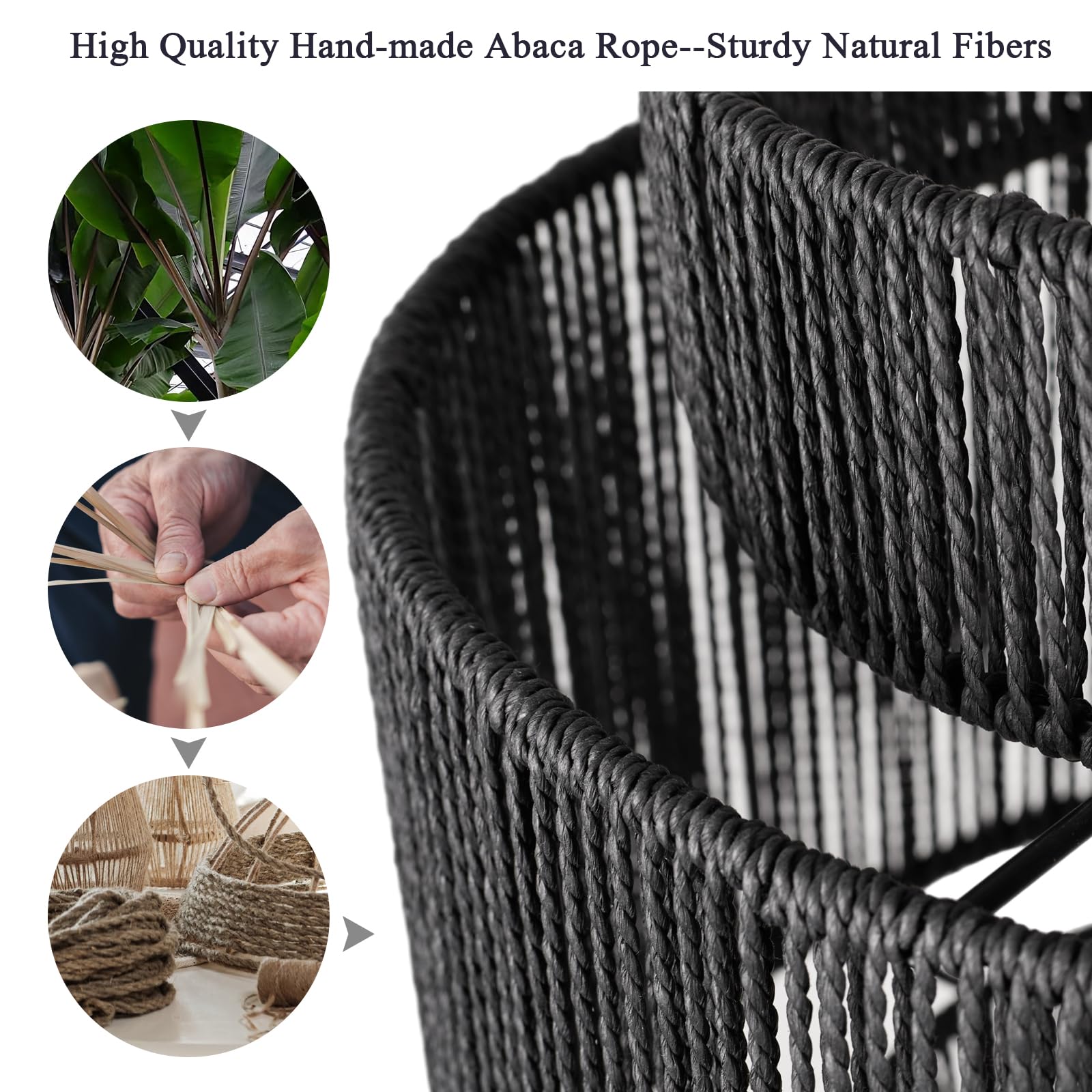 Rosient 16 Inch Large Natural Simple Hand Weaved Rattan Pendant Lamp, Coastal Beach Black Rope Hanging Pendant Light Fixture For