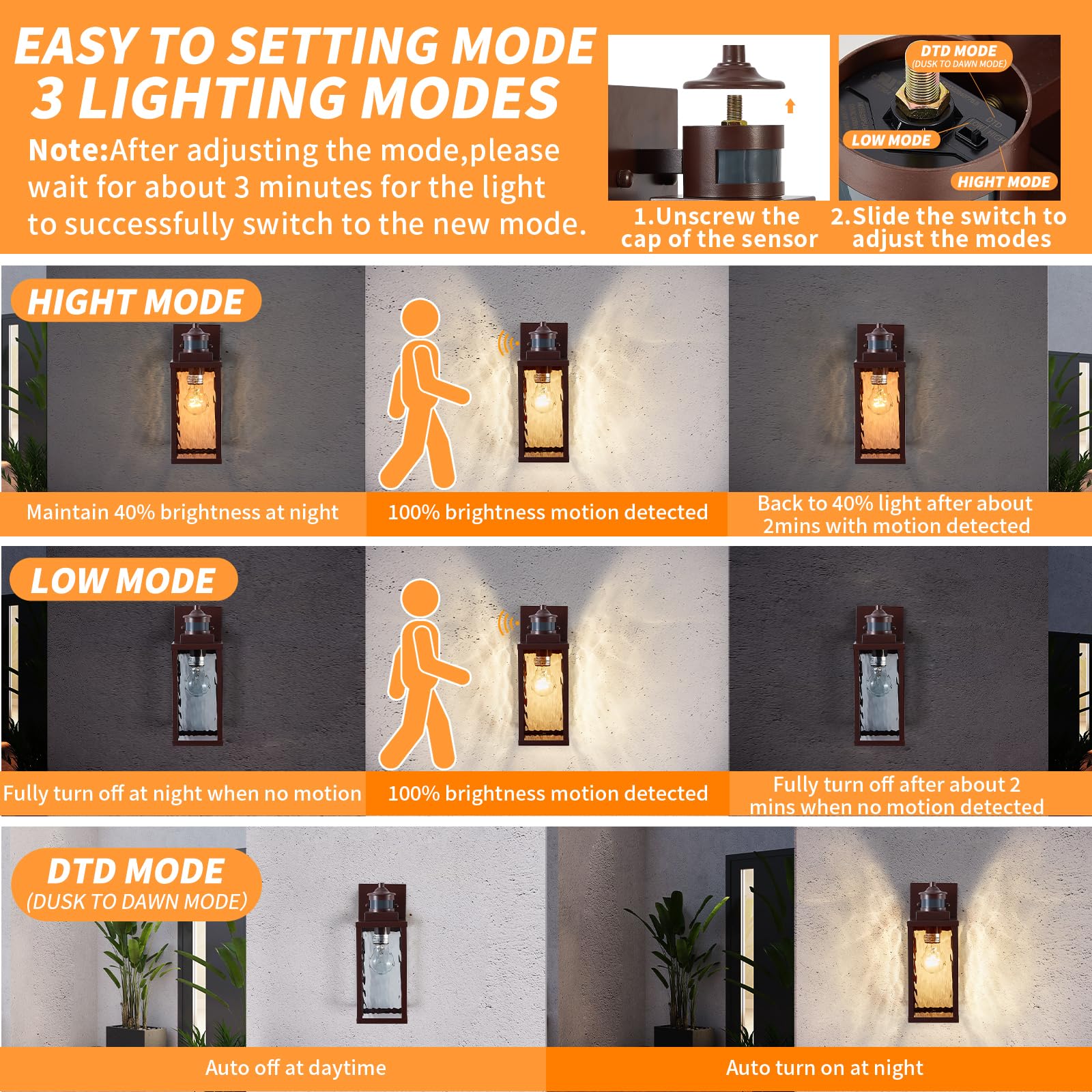 MDENLT Bronze Motion Sensor Outdoor Wall Lights, Waterproof 2 Pack, Aluminum, Dusk to Dawn Lighting, Model MFD007M-BN