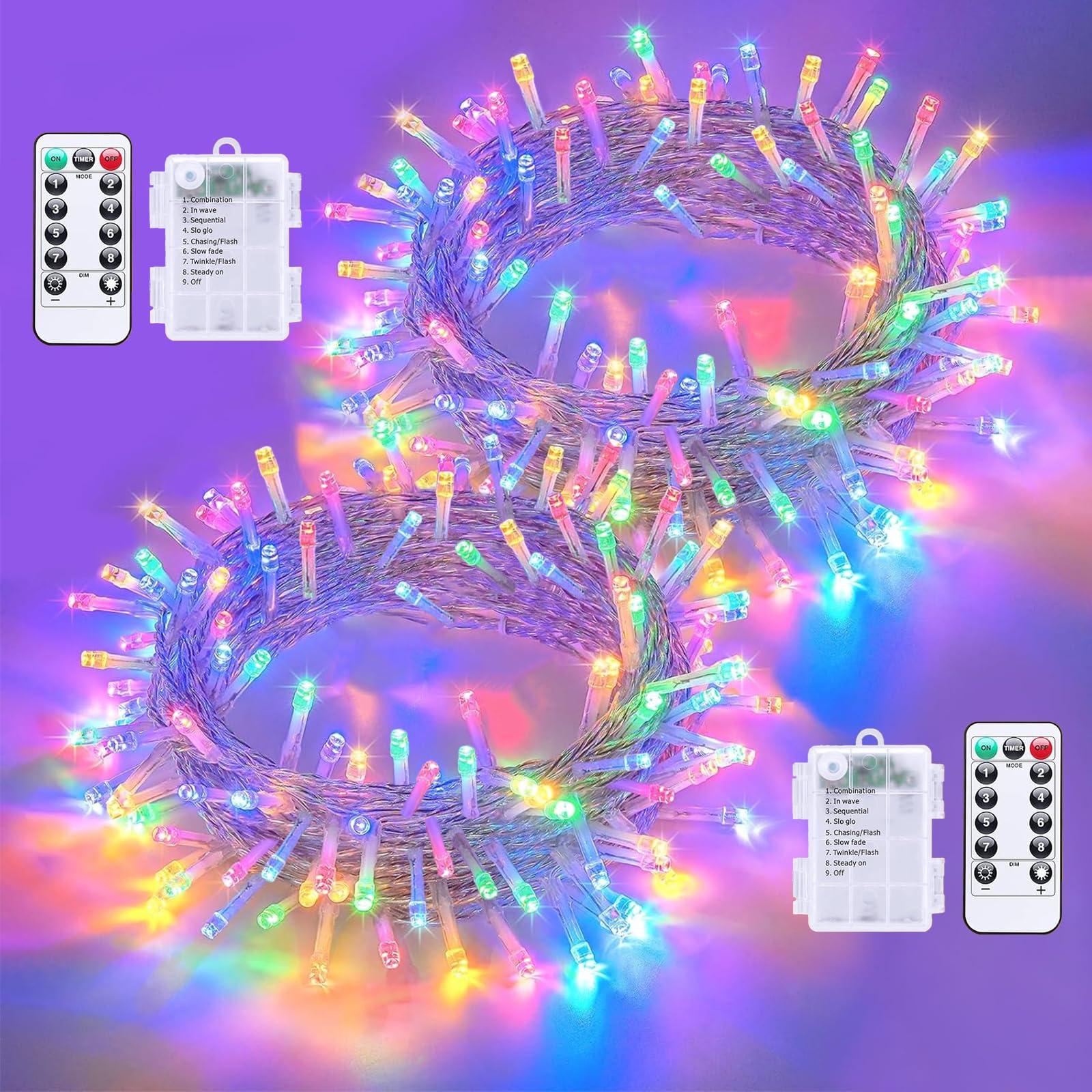 QITONG Battery Operated Christmas Lights, 2 Pack 33ft 100 LED Multicolor Waterproof with Remote, Copper Material