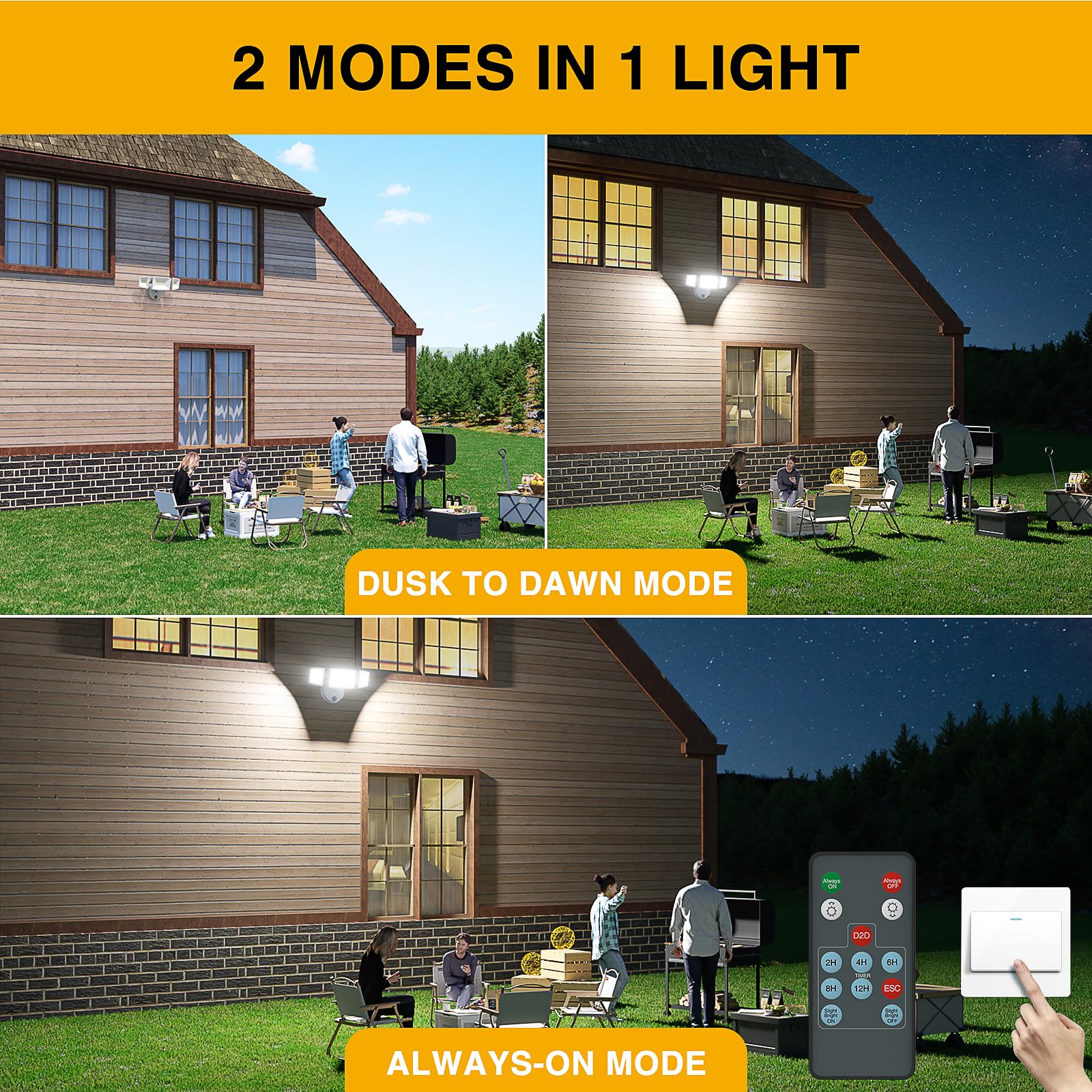Onforu 60W Dusk to Dawn Outdoor Security Lights, 6000LM, IP65 Waterproof, 3 Adjustable Heads, Black, Model BDB60D-3