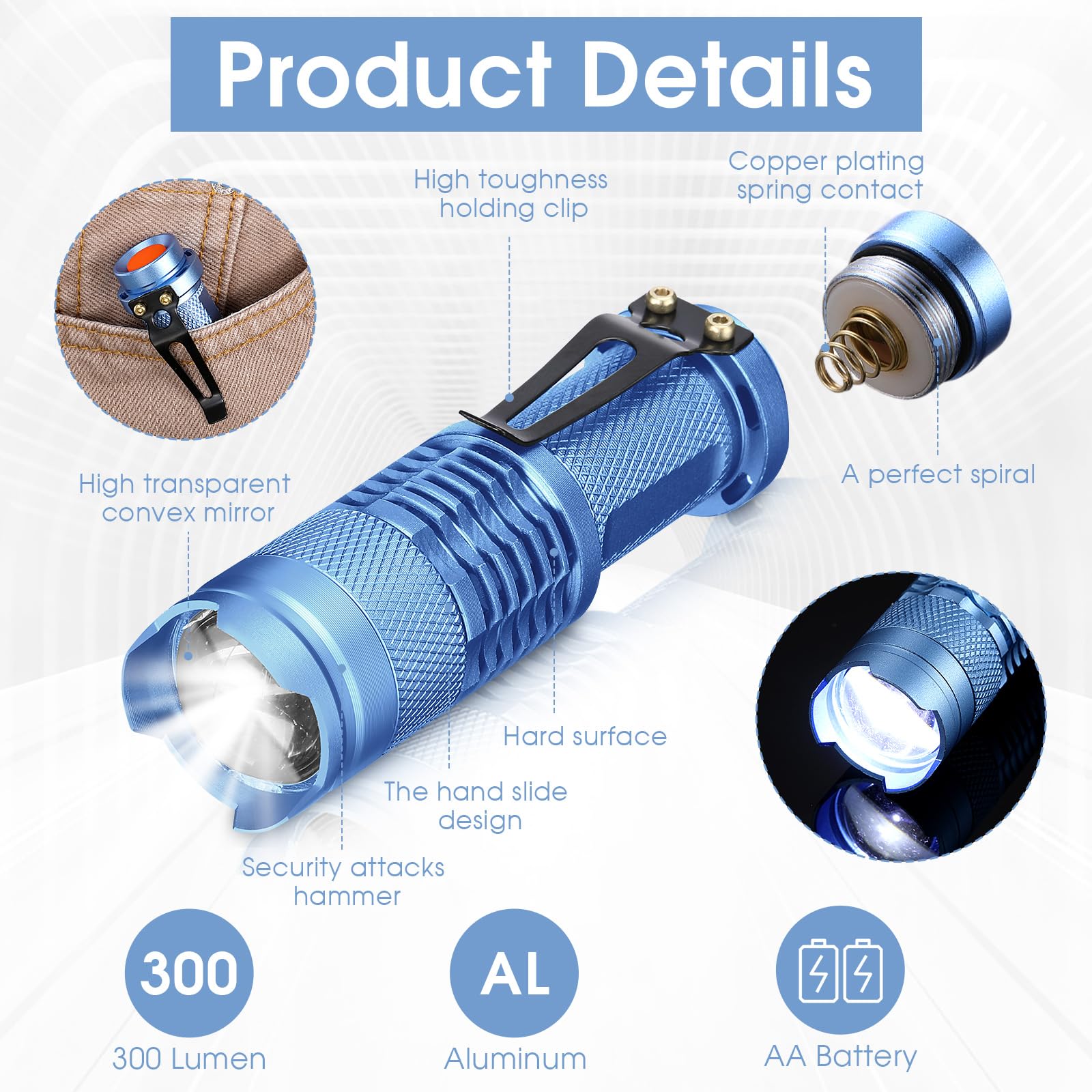 Fumete LED Flashlight Mini Tactical Torch 3 Mode Adjustable Focus Pocket Light Blue Model QA-Fumete-3752