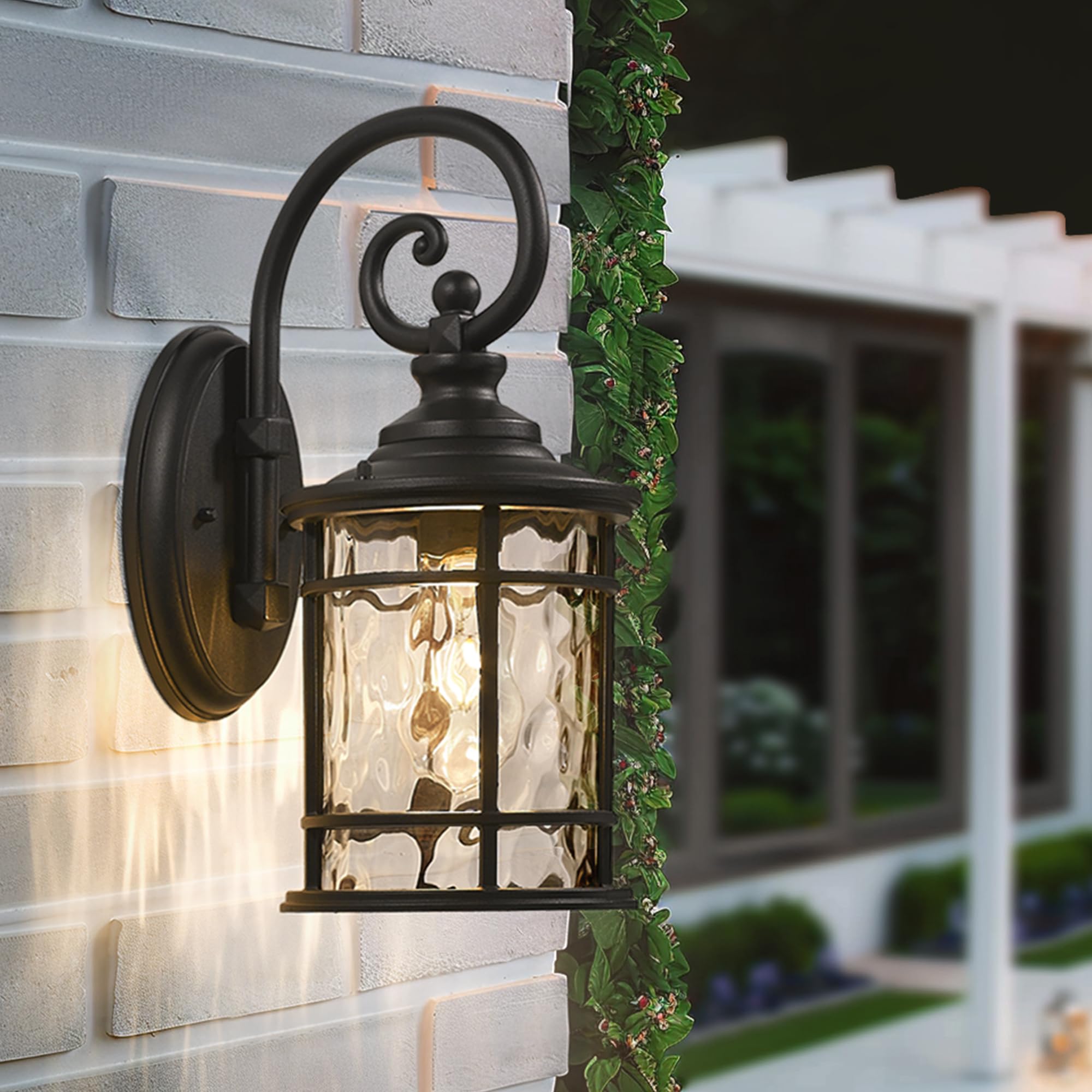 Emliviar Farmhouse Outdoor Light Fixture, 15.5" Black Aluminum with Water Ripple Glass, Model XE229B-WG BK