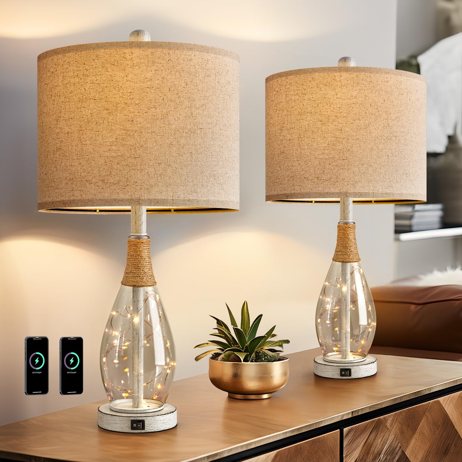 OYEARS Table Lamps Set of 2, 23in White Rattan Boho Design with USB C+A, Model AMZ-T1140WH-U0
