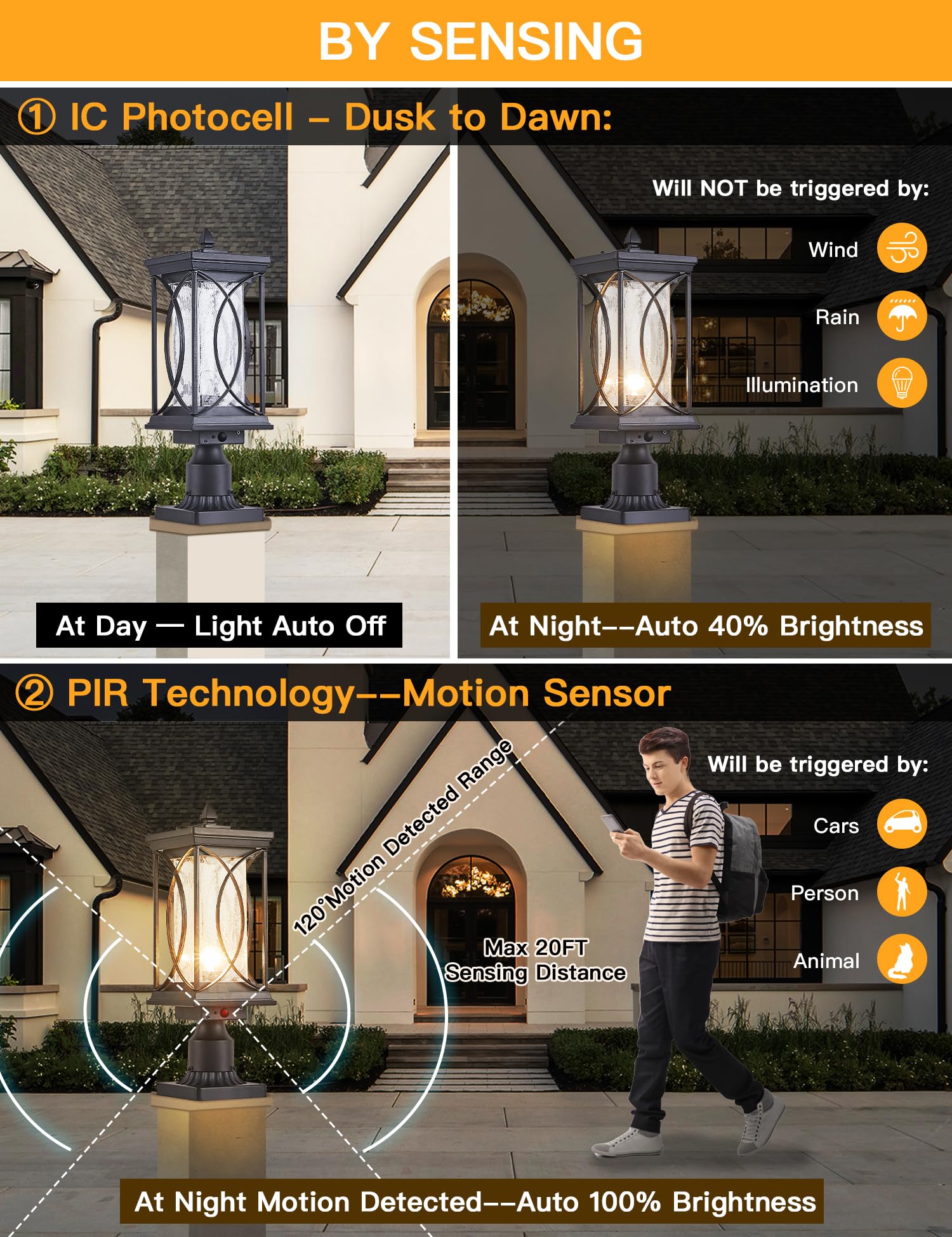 Delicavy Motion Outdoor Post Lantern - Dusk to Dawn Pillar Lamp with 3 Inch Pier Mount Adapter, Black, Large, Aluminum,  le Glass