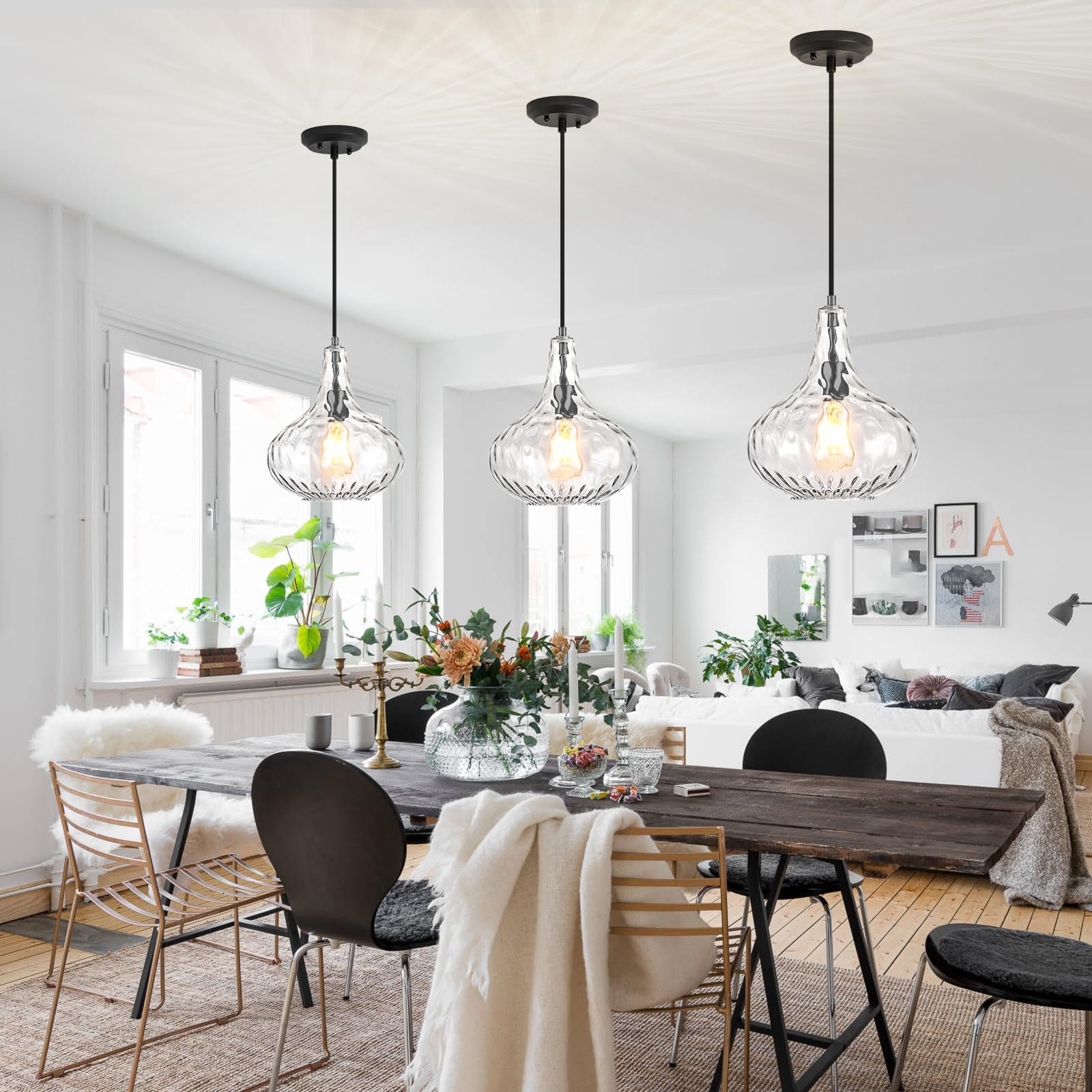 Glass Large Pendant Lights For Kitchen Island Blown Glass Pendant Light Clear Hammered Shade Hanging Ceiling Lights With Black F