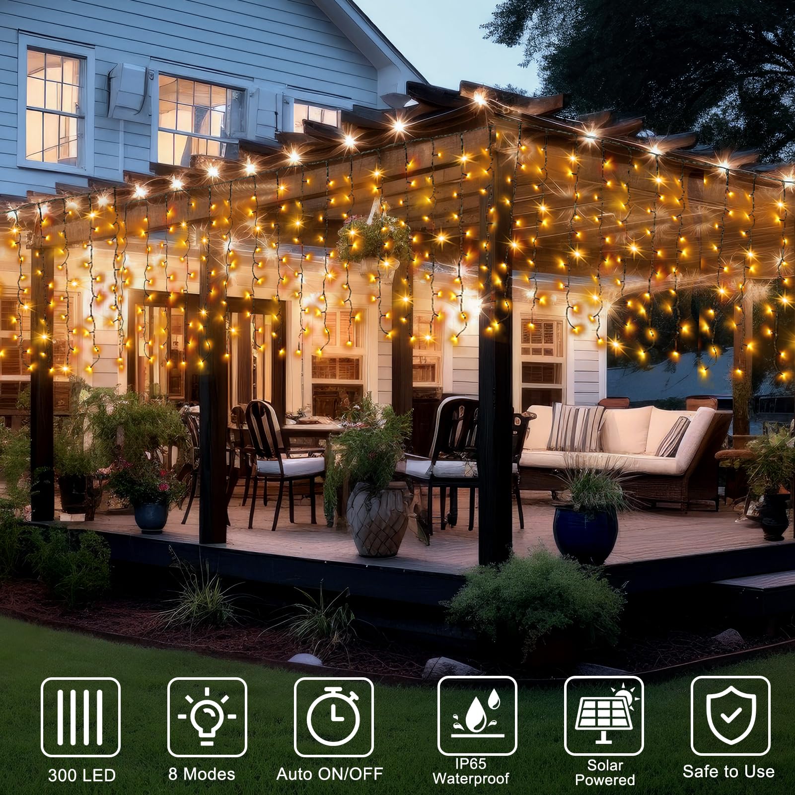 DBFAIRY Solar Curtain Lights, 300 LED, Waterproof, 19.6ft x 3.3ft, Warm White, Model 6X1-01WW