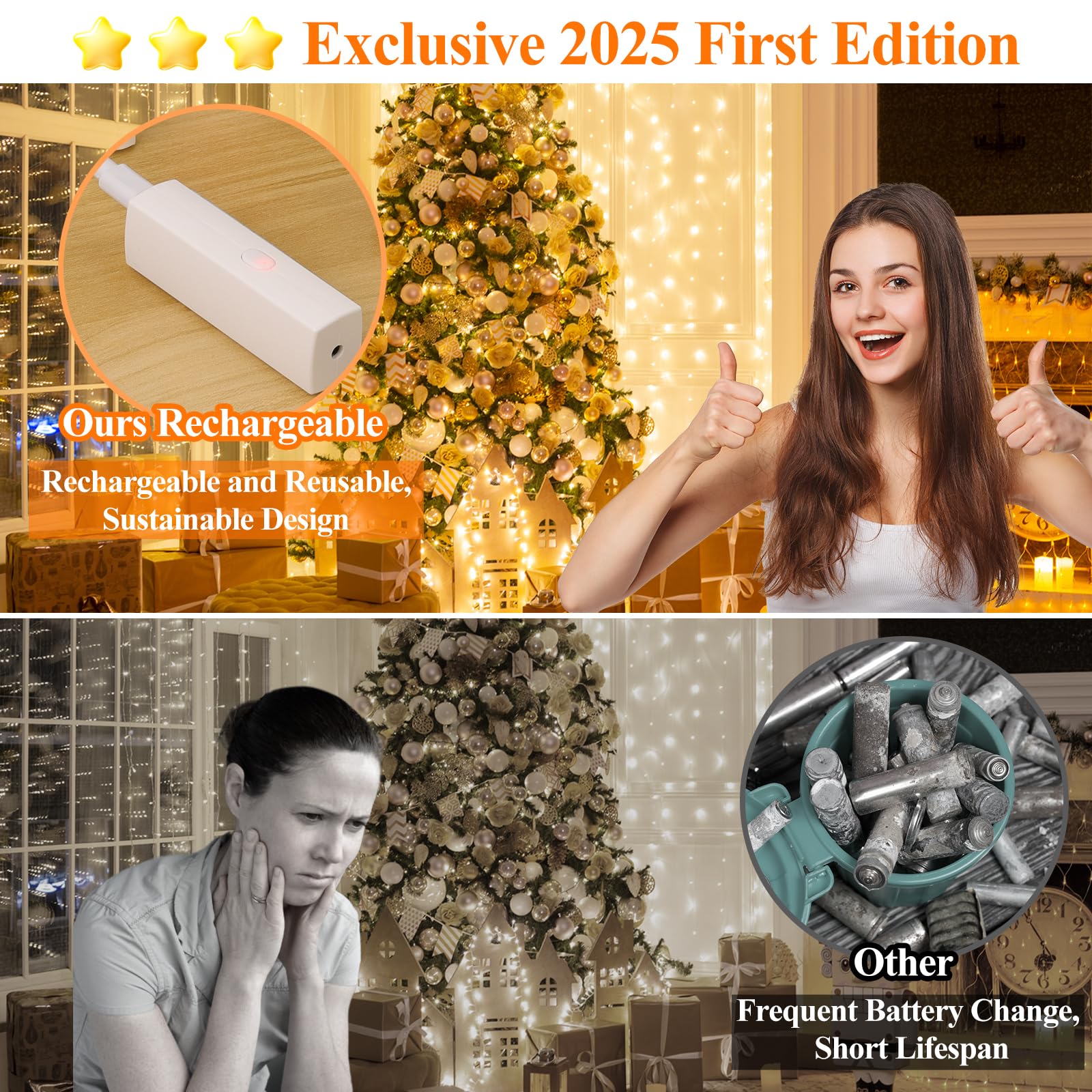Lakumu Fairy Lights, Battery Operated Twinkle Lights, 32FT(16FT*2), Warm White, Silver Plated Copper Wire, Model LH-CD-DC-001