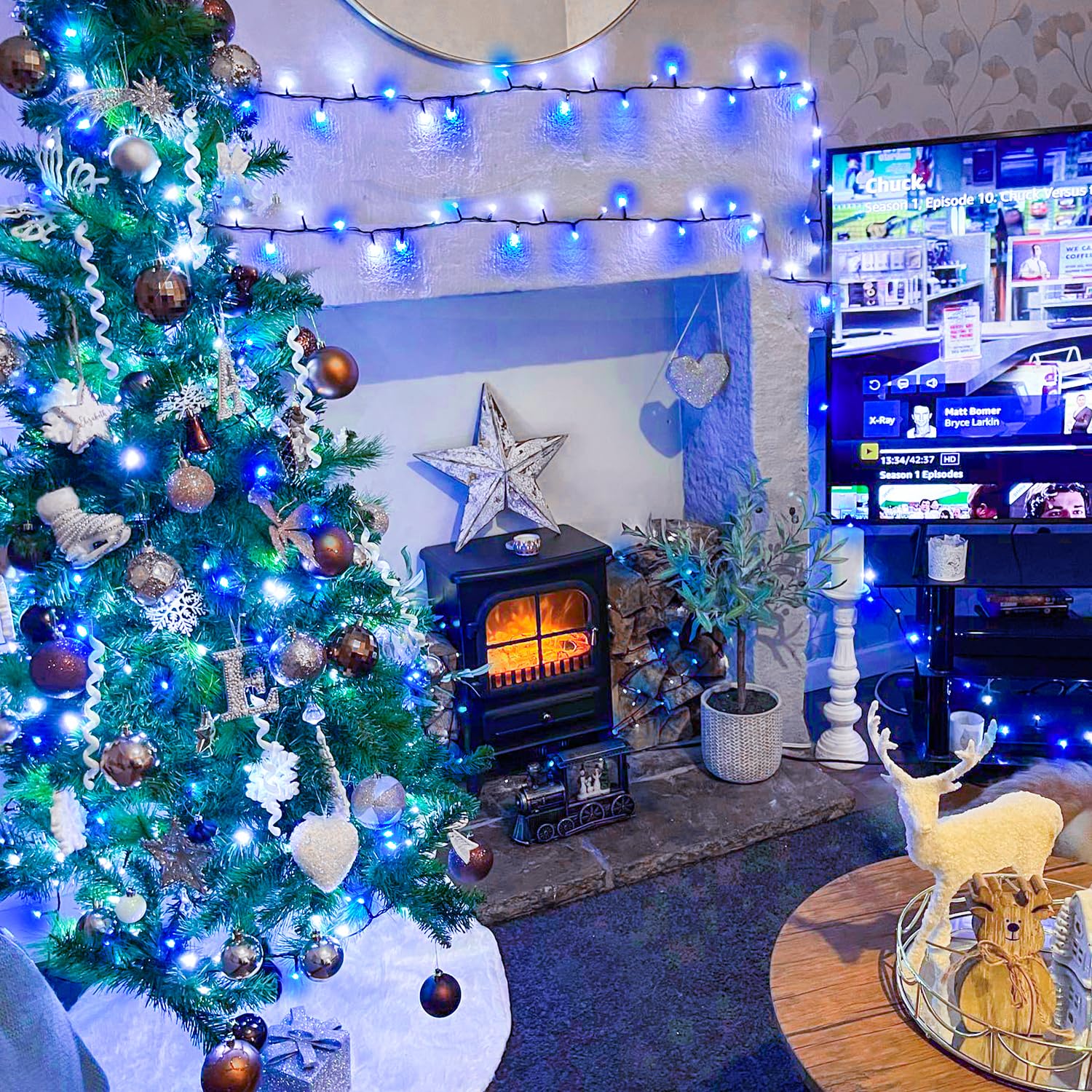 Jmexsuss 66Ft 200 Led Blue And White Christmas Lights, Outdoor Christmas String Lights Plug In, Expandable Christmas Lights For