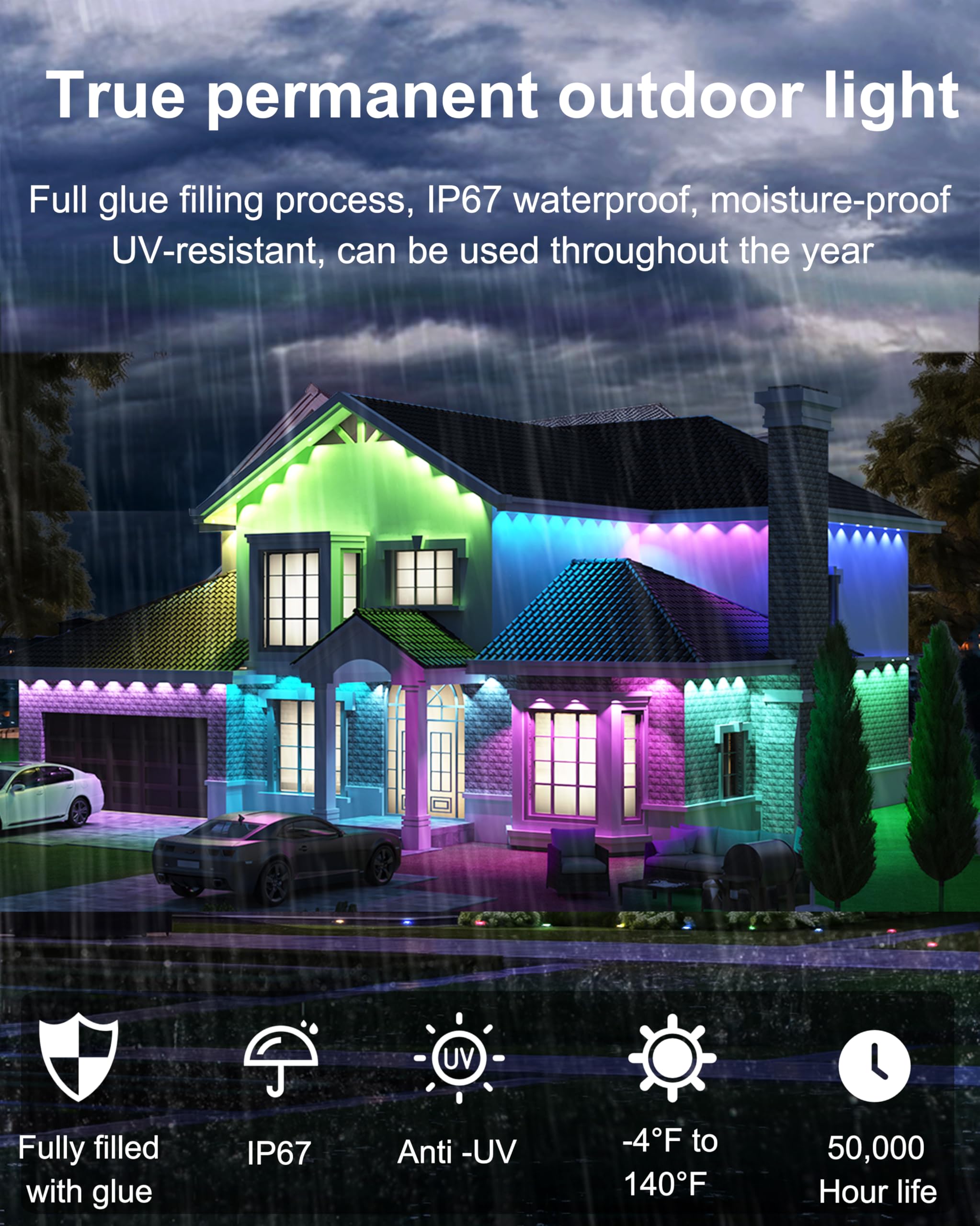 Seyxicnor Permanent Outdoor Lights For House  100Ft 60Led Smart Rgbw+Ic Outdoor Christmas Lights With App/Remote Control  Diy Scene  Ip67 Waterproof Under Eaves Lighting For Holiday & Daily Decor