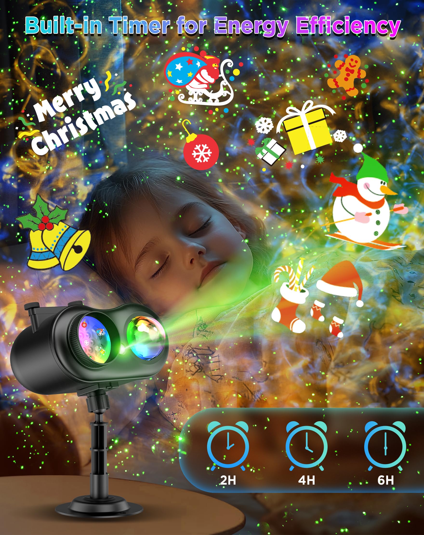 jepwe Christmas Projector Lights - Waterproof, 10 Slides, 8 HD Patterns, Firefly & Ocean Wave Effects, Model SE508-012-10K-US