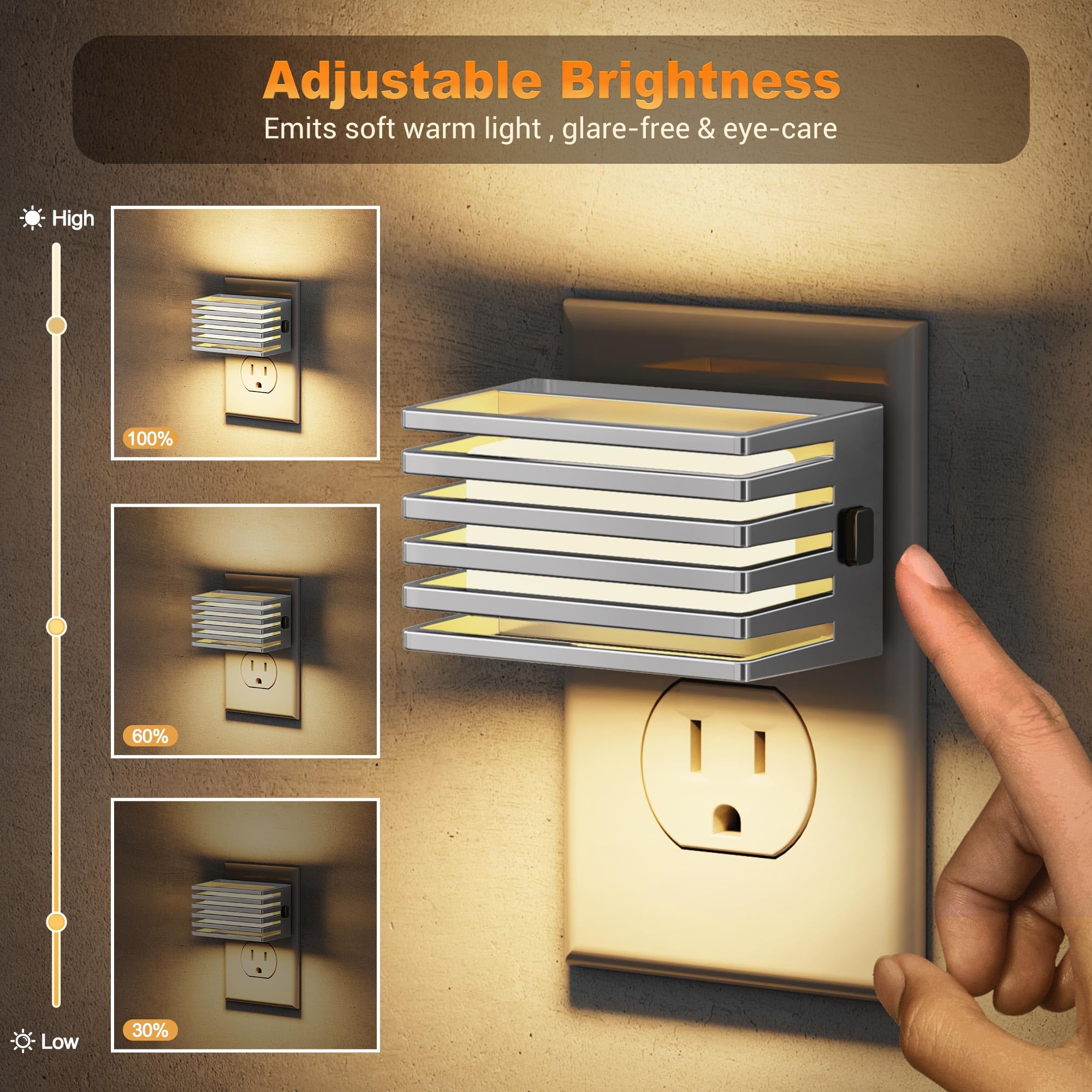 JandCase LED Night Light - Dimmable Soft White Plug-in with Dusk to Dawn Sensor, 2 Pack, Warm Silver Shade