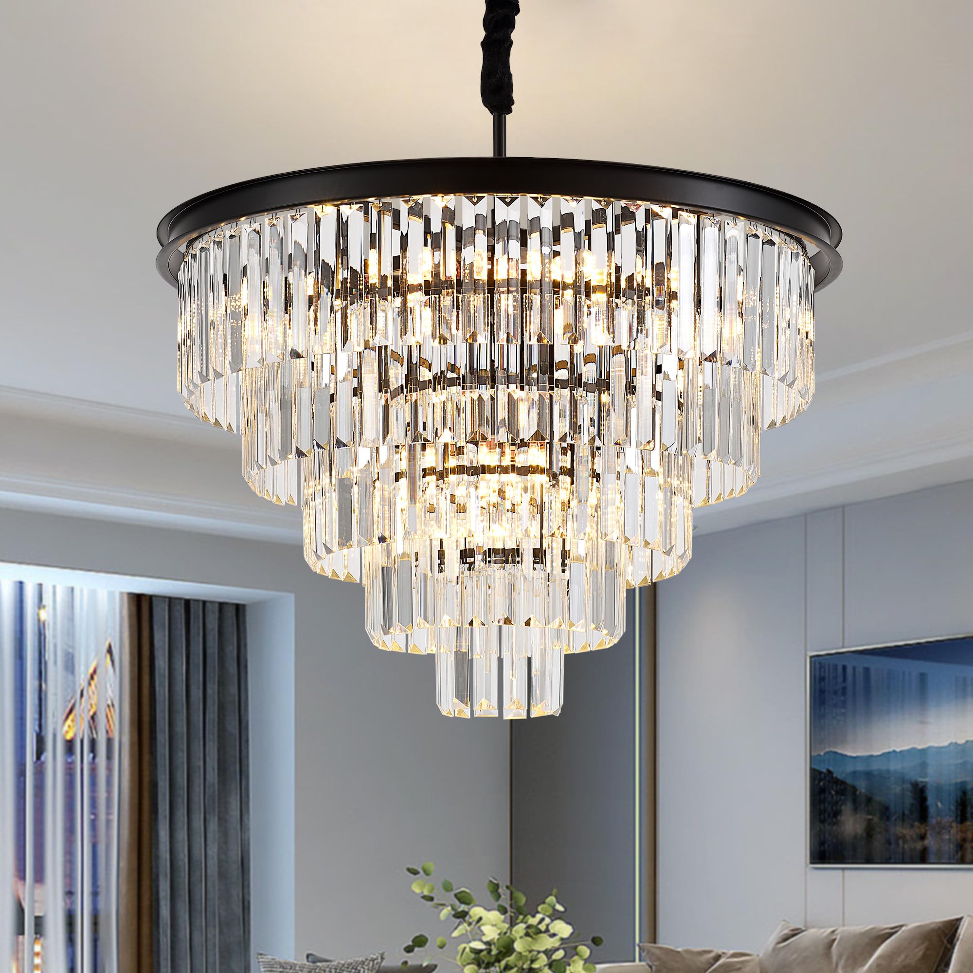 Faibra 23.23" Black Crystal Chandelier 12-Light Modern Crystal Pendant Ceiling Light Fixture 5-Tier Luxury K9 Crystal Chandeliers,For Dining Room Kitchen Island Living Room Bedroom
