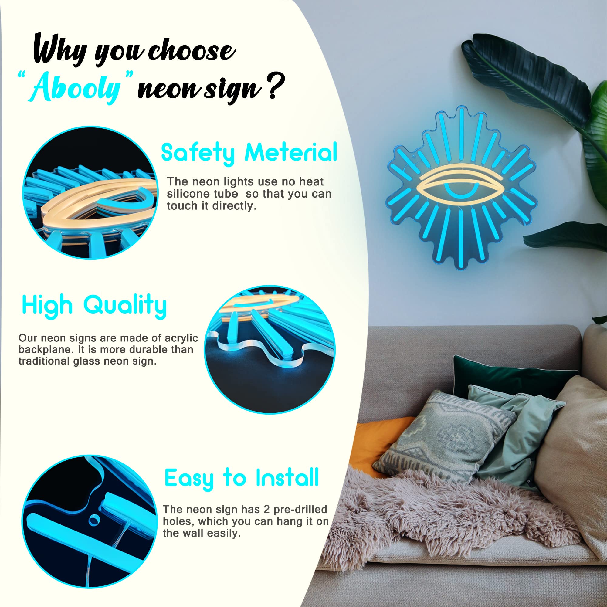 Abooly Neon Wall Sign - Blue Acrylic Evil Eyes, USB Dimming LED, 11.8x13in, Perfect for Game Room, Bedroom, Kids Room, Party Decor