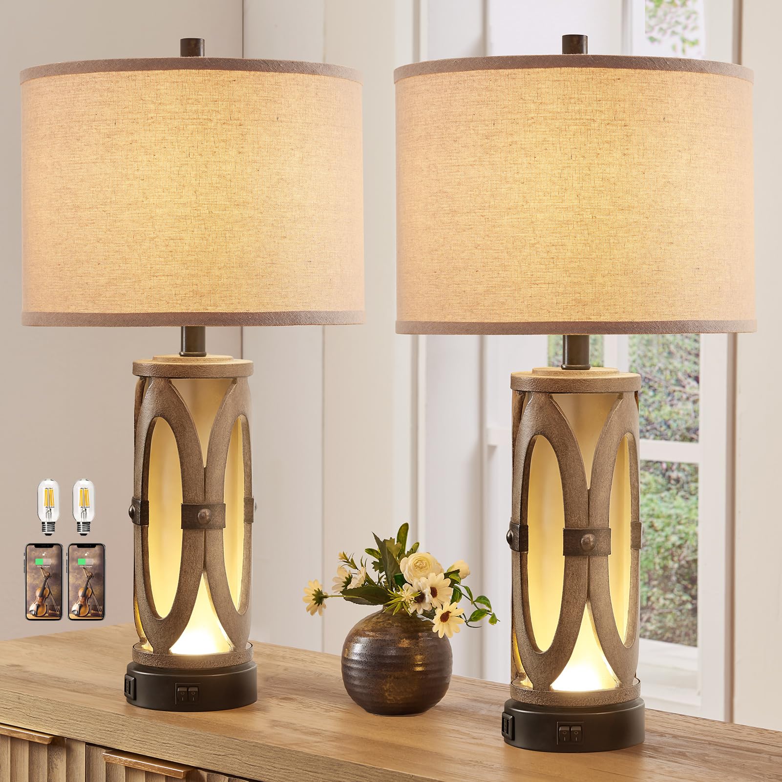 AIEAMPDO Table Lamps Set of 2 for Living Room, Rustic Farmhouse Bedroom Nightstand Lamp with Dual USB Ports, Vintage Bedside Lam