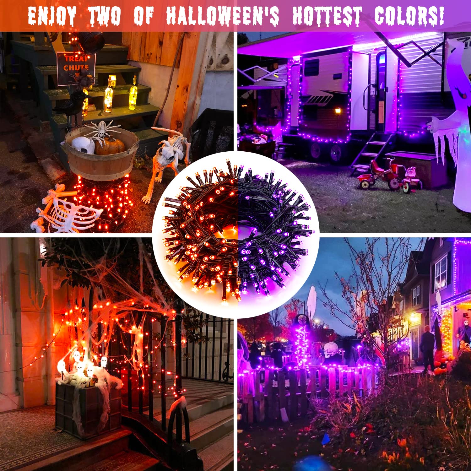 JMEXSUSS Solar Halloween Lights, 100 LED Color Changing String Lights, 33ft, 2 Pack, Orange to Purple, Waterproof, 8 Modes