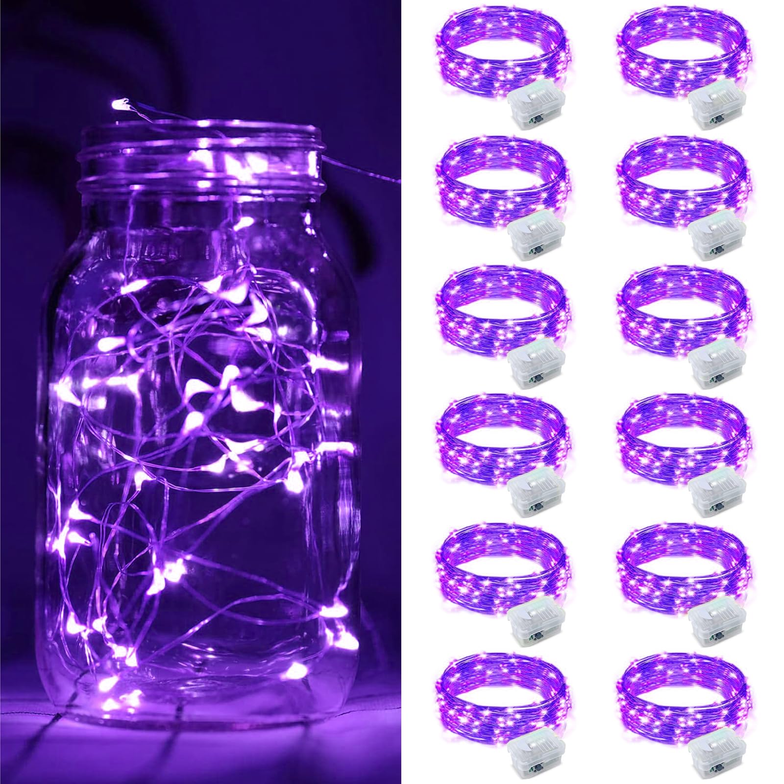 ZGWJ 12 Pack Fairy Lights Battery Operated  7ft 20 Mini LED Fairy String Lights Silver Wire 3 Modes for DIY  Parties  Wedding  Bedroom  Halloween Christmas Decoration Purple