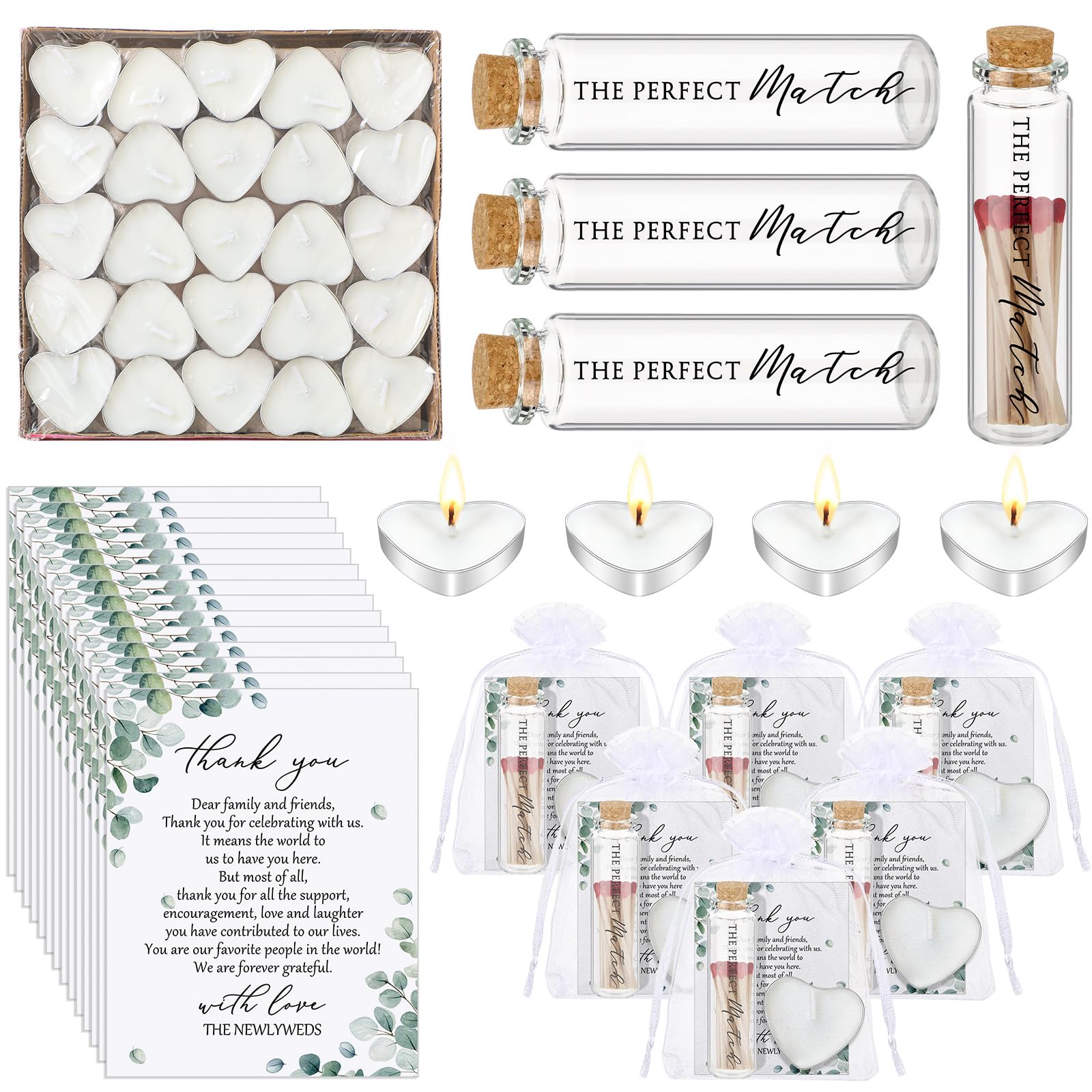 Wovnet 50 Sets Wedding Party Favors for Guests Bulk Including Mini Heart Shaped Candles and Empty Matches Jars with Cork Top Tha