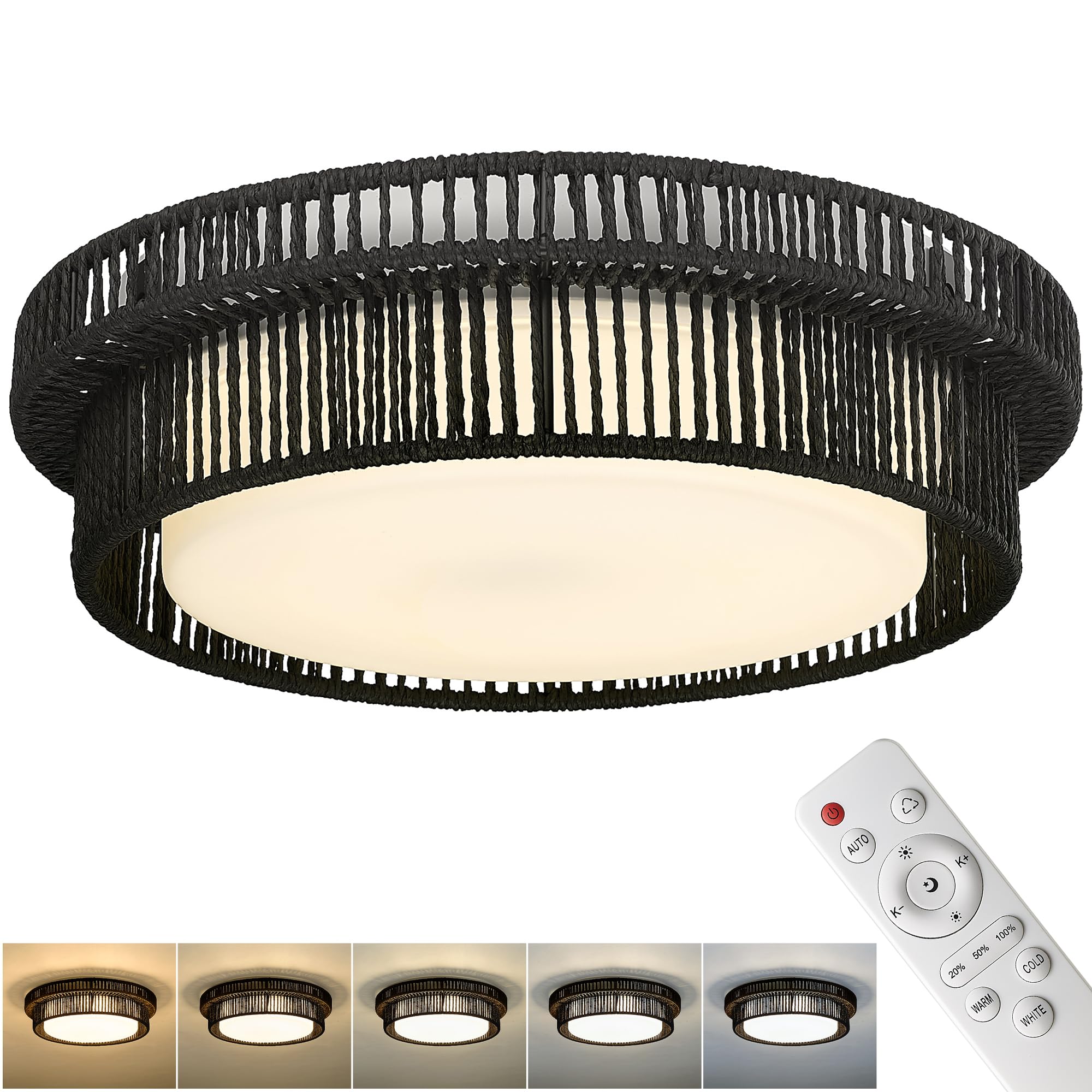 HWH 18in Boho Ceiling Light Fixture, 36W 5CCT LED, Remote Control, Black Finish, Model 5HYS78LF-LED BK